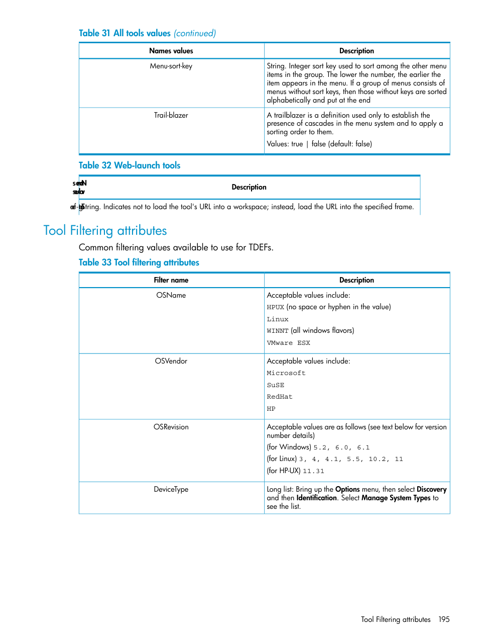 Tool filtering attributes, Web-launch tools | HP Systems Insight Manager User Manual | Page 195 / 223