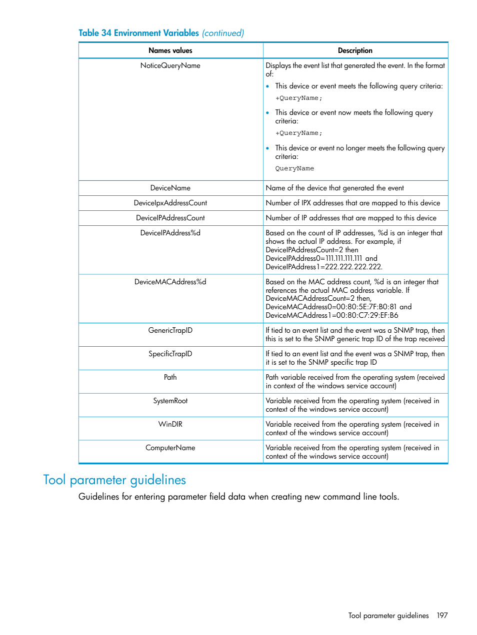 Tool parameter guidelines | HP Systems Insight Manager User Manual | Page 197 / 223