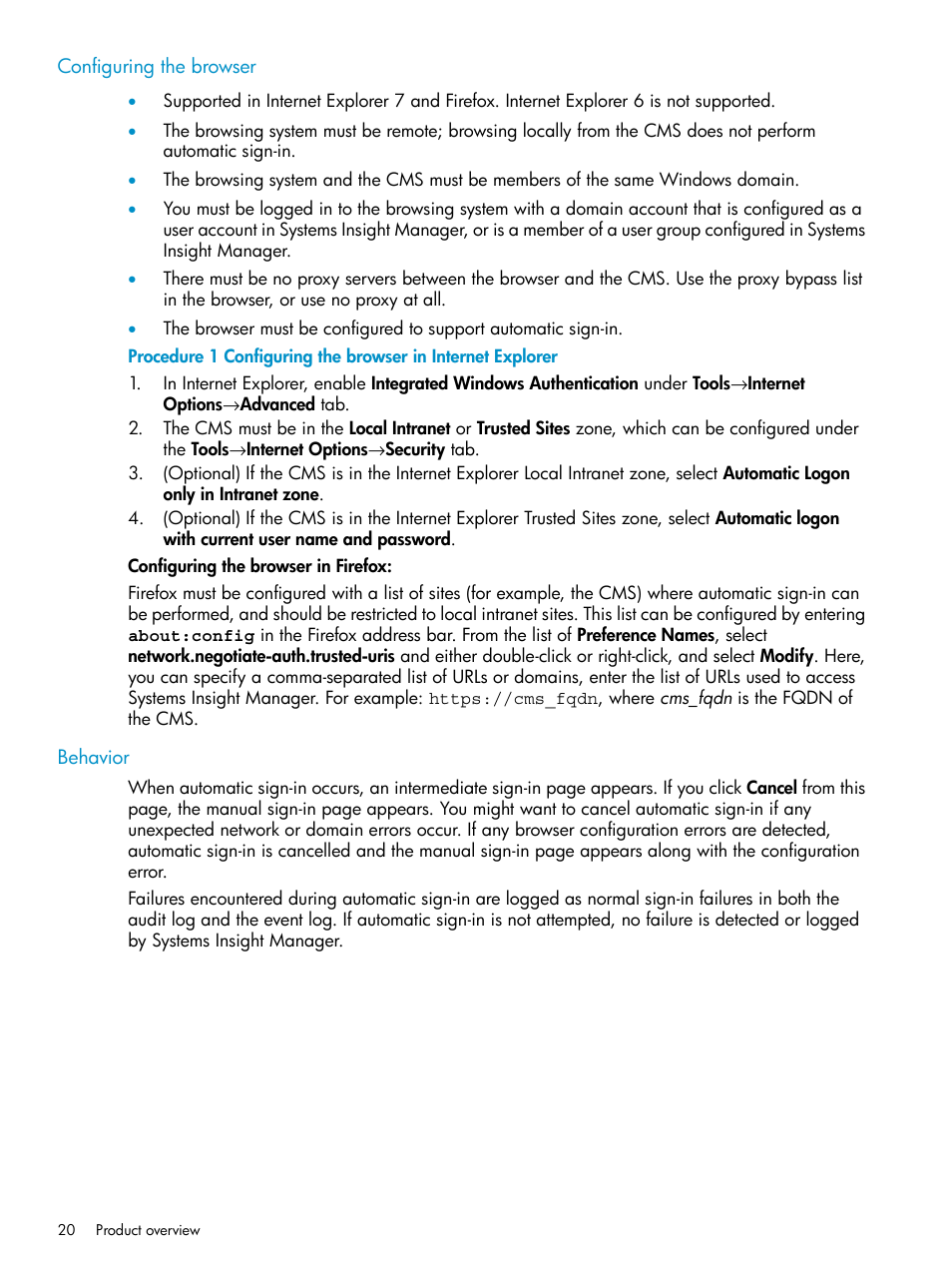 Configuring the browser, Behavior, Configuring the browser behavior | Configuring the browser in internet explorer | HP Systems Insight Manager User Manual | Page 20 / 223