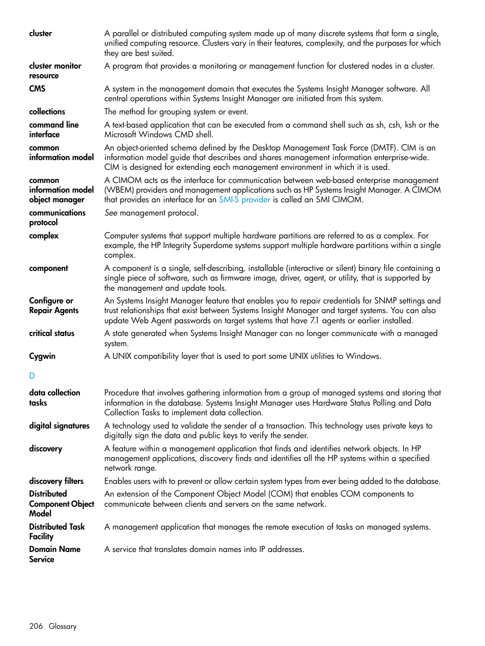 Collections, Discovery filters, Central management server (cms) | Command line, Interface, Cluster, Collection, Component | HP Systems Insight Manager User Manual | Page 206 / 223