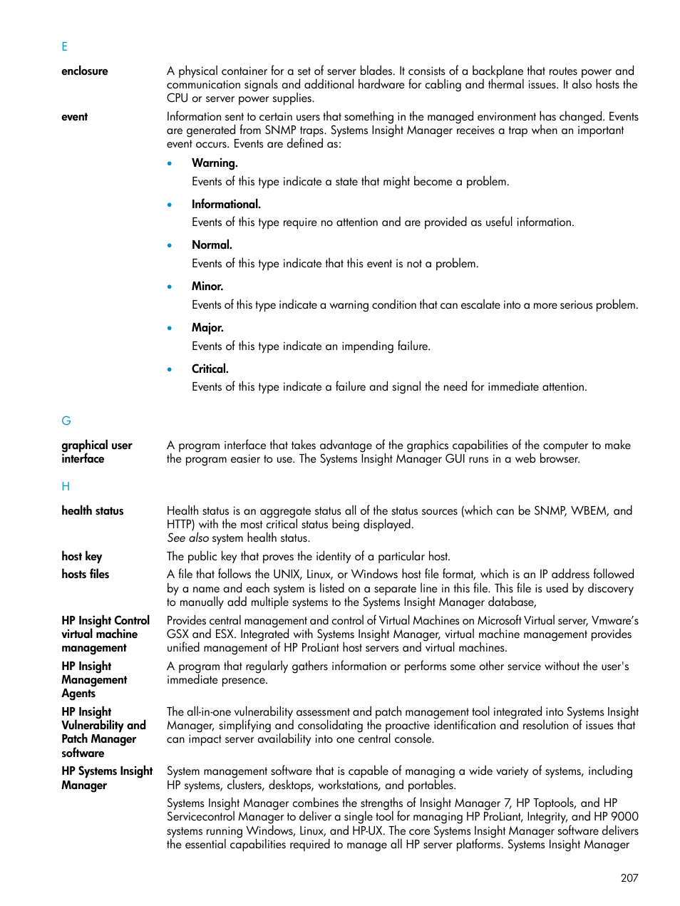 Graphical user interface, Event, Health status | Hp insight, Management agents, Enclosure, Events | HP Systems Insight Manager User Manual | Page 207 / 223