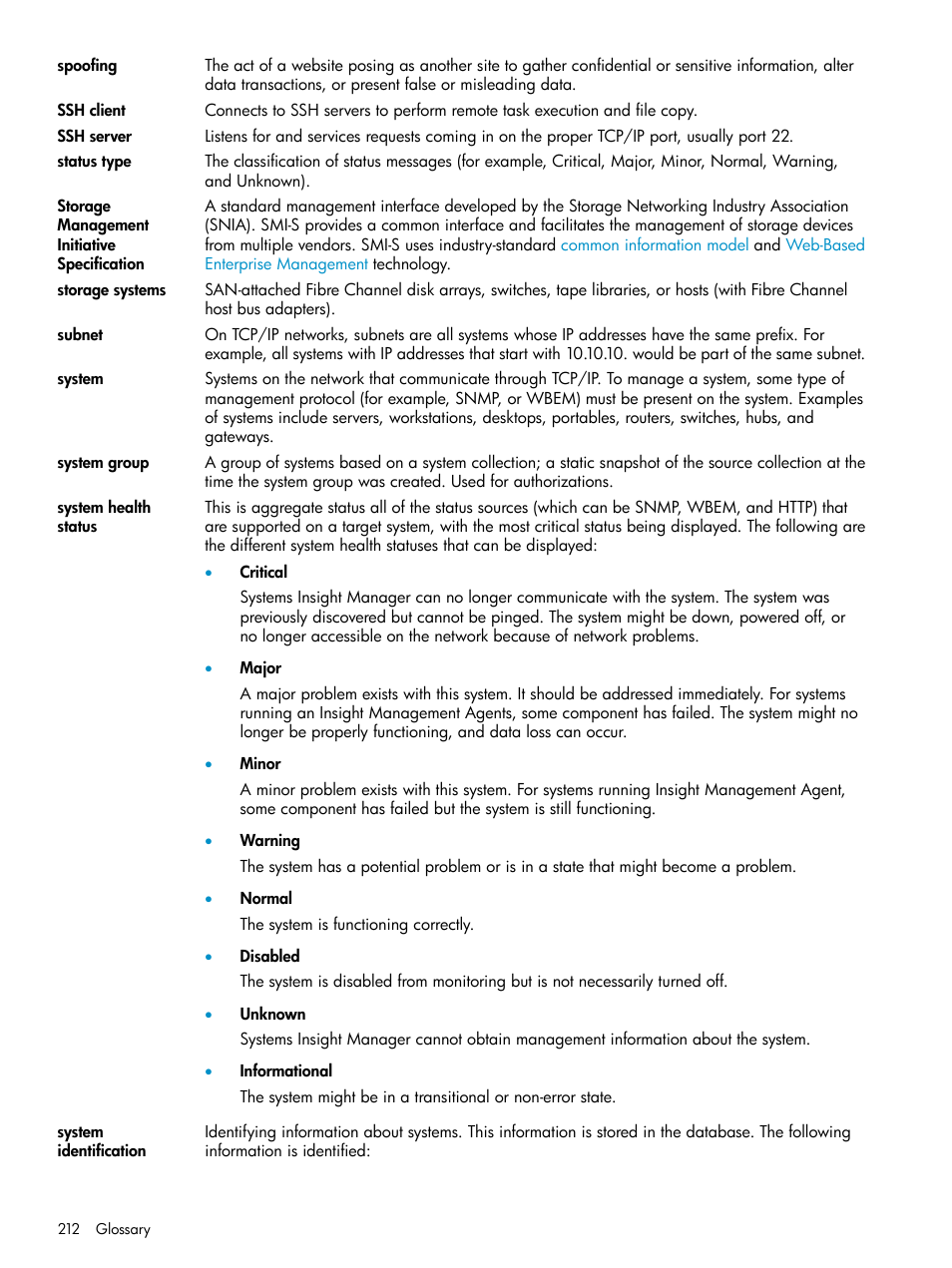 System, System health status, System health | Status, Systems, Ssh client, Storage systems, Storage system, The health status | HP Systems Insight Manager User Manual | Page 212 / 223