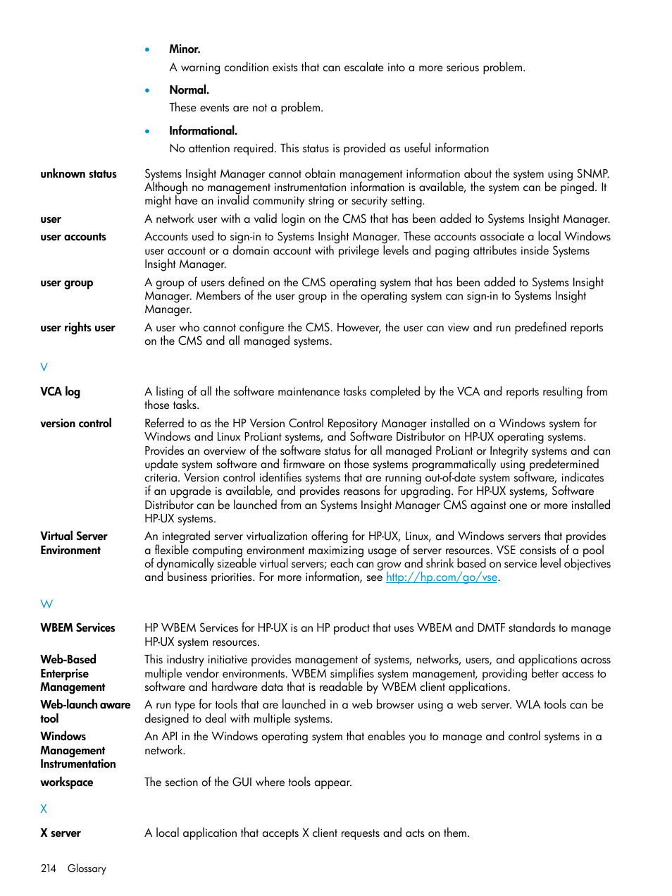 Windows management instrumentation, Workspace, Users | User groups, User account, User, User rights, Version control, Vca logs | HP Systems Insight Manager User Manual | Page 214 / 223
