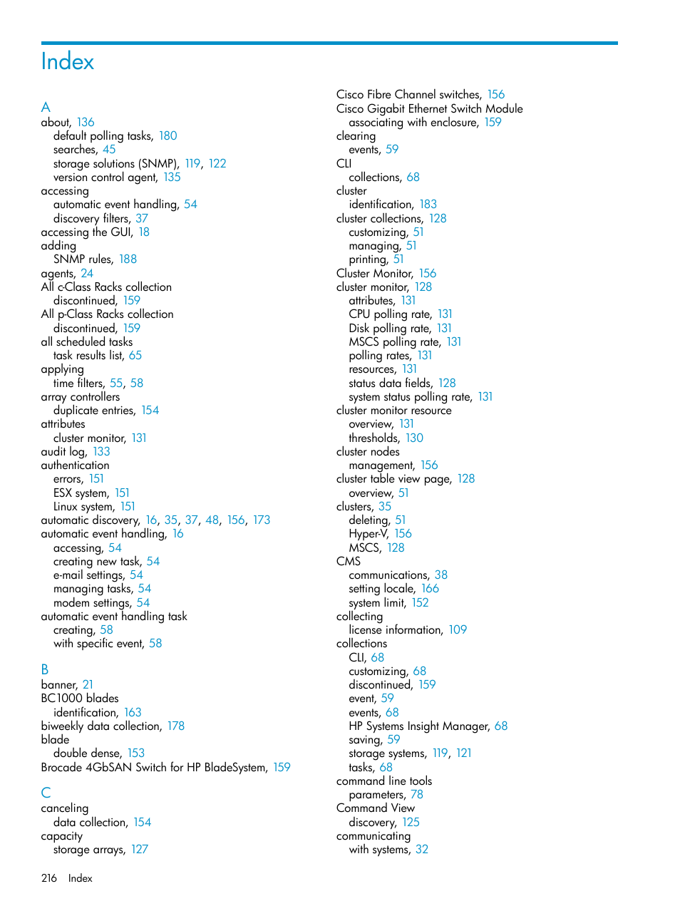 Index | HP Systems Insight Manager User Manual | Page 216 / 223