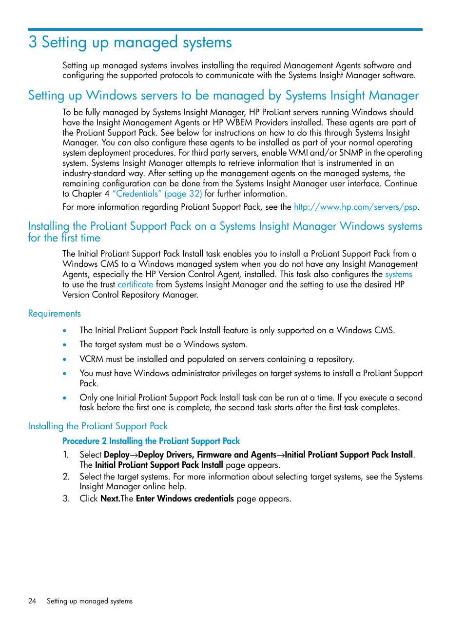 3 setting up managed systems, Requirements, Installing the proliant support pack | Requirements installing the proliant support pack | HP Systems Insight Manager User Manual | Page 24 / 223