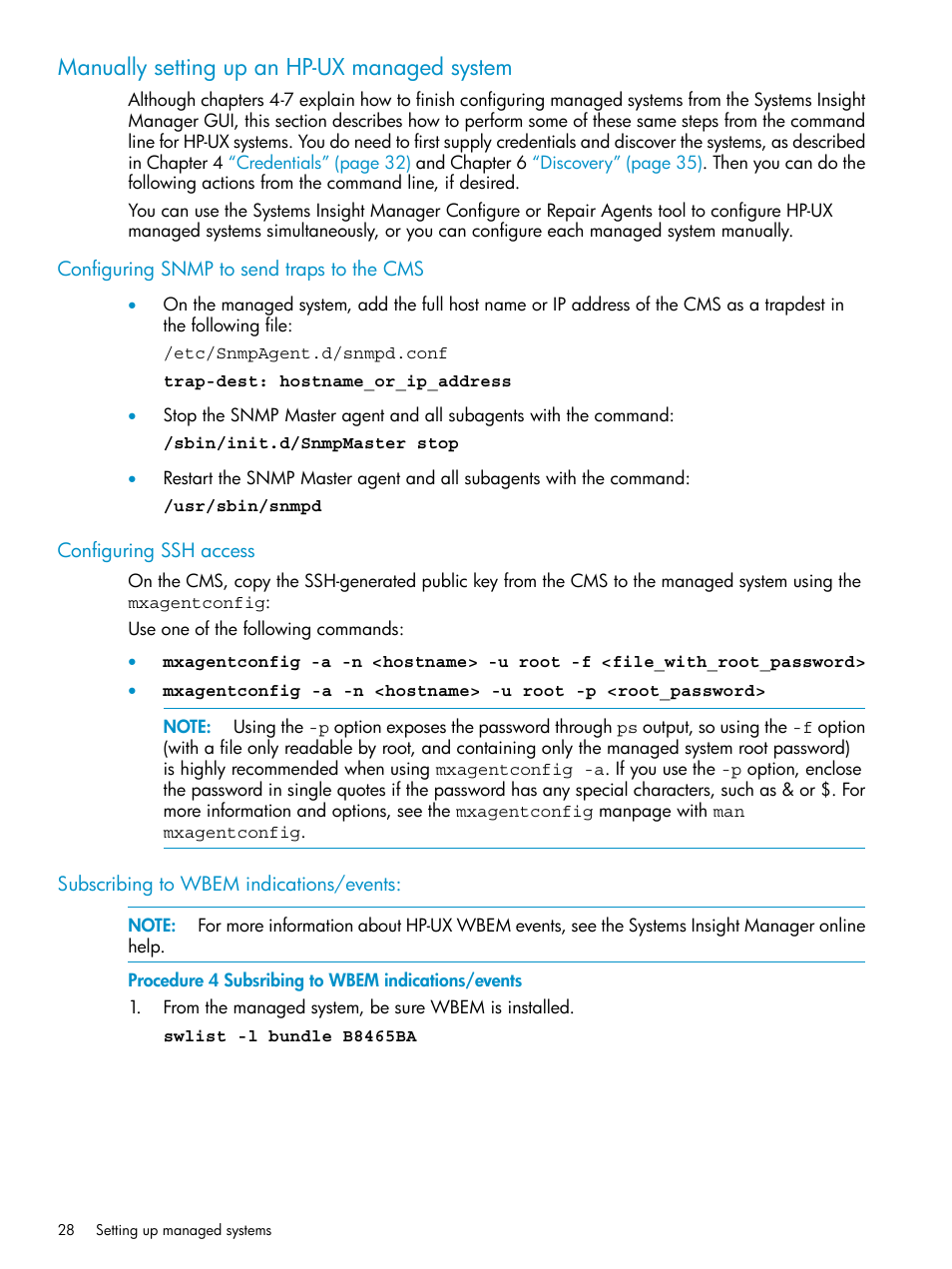 Manually setting up an hp-ux managed system, Configuring snmp to send traps to the cms, Configuring ssh access | Subscribing to wbem indications/events, Subsribing to wbem indications/events | HP Systems Insight Manager User Manual | Page 28 / 223