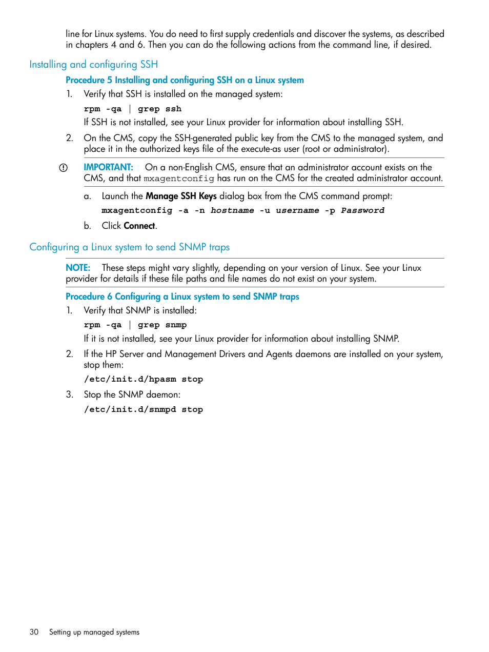 Installing and configuring ssh, Configuring a linux system to send snmp traps, Installing and configuring ssh on a linux system | HP Systems Insight Manager User Manual | Page 30 / 223