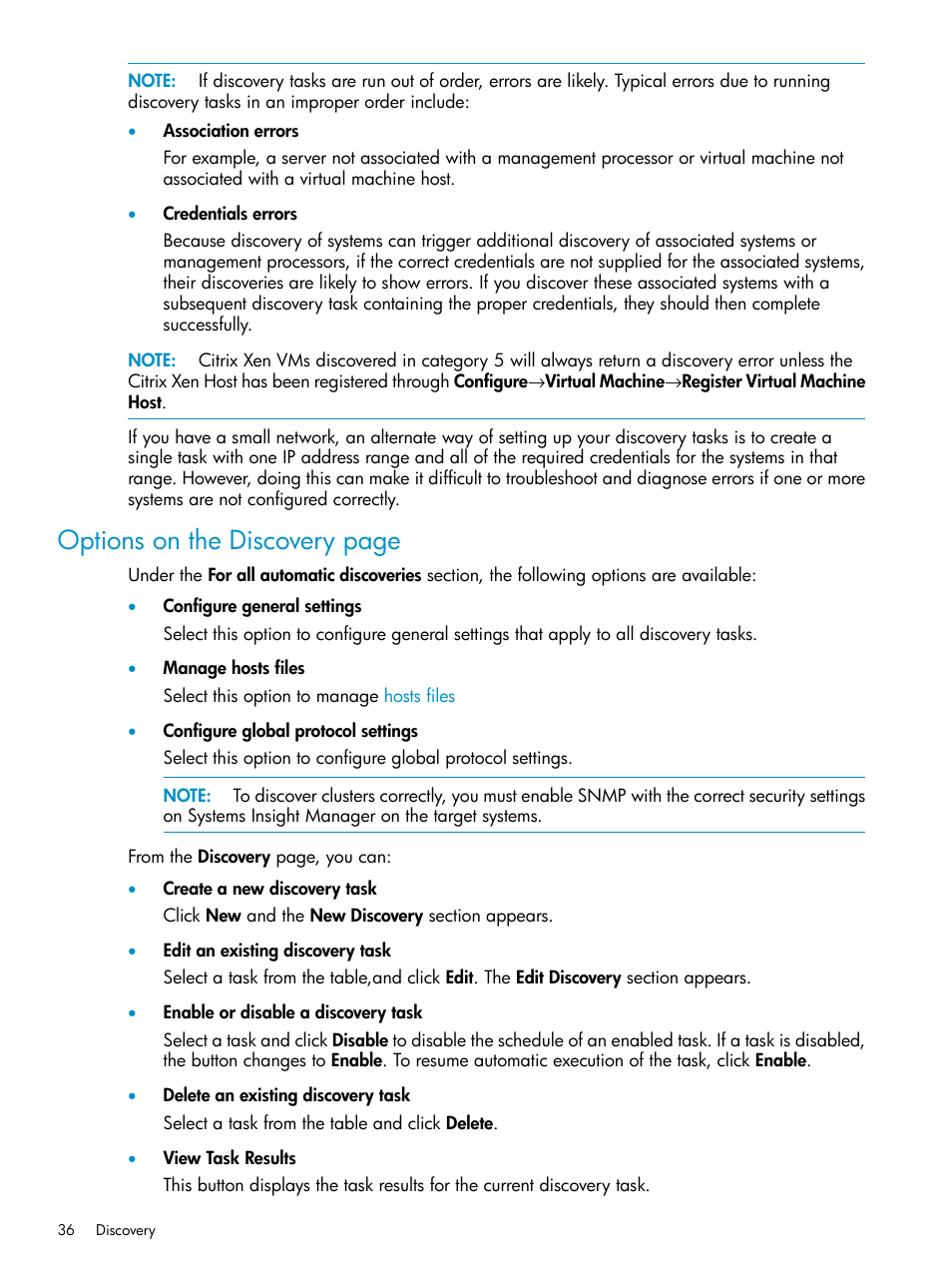 Options on the discovery page | HP Systems Insight Manager User Manual | Page 36 / 223