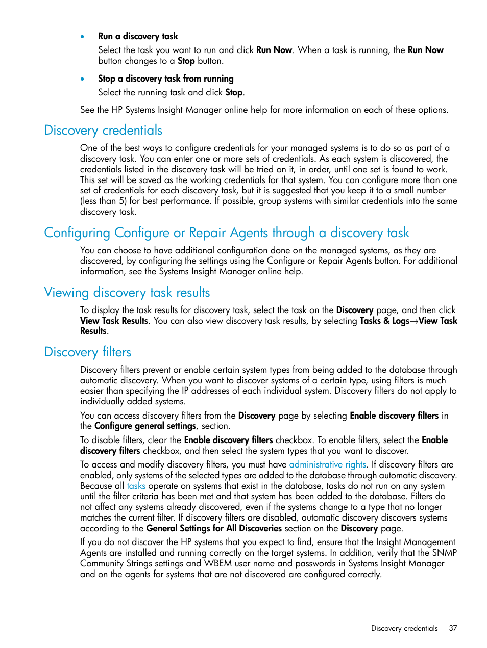 Discovery credentials, Viewing discovery task results, Discovery filters | HP Systems Insight Manager User Manual | Page 37 / 223