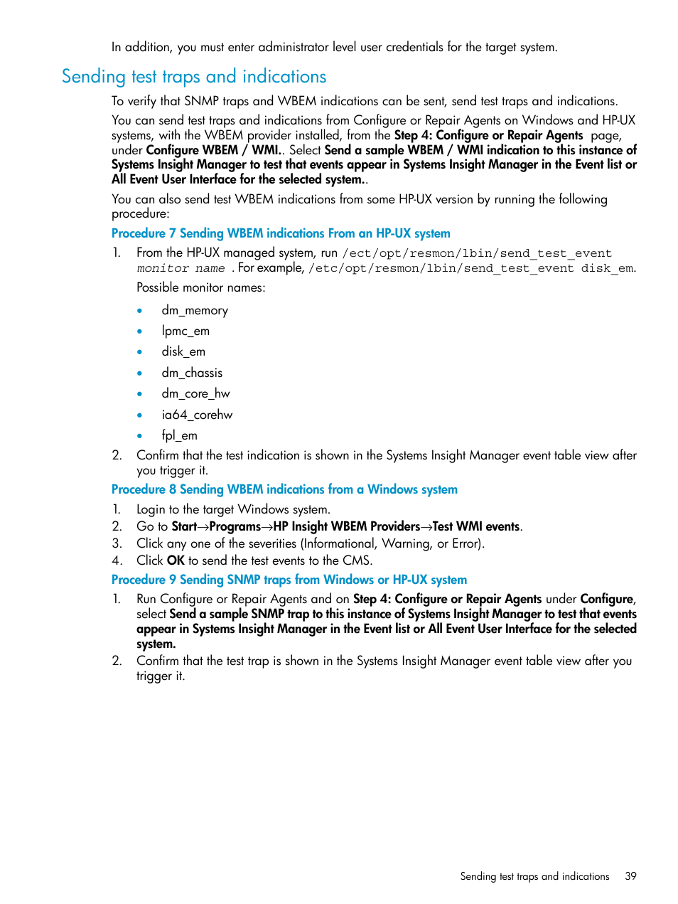 Sending test traps and indications, Sending wbem indications from an hp-ux system, Sending wbem indications from a windows system | Sending snmp traps from windows or hp-ux system | HP Systems Insight Manager User Manual | Page 39 / 223