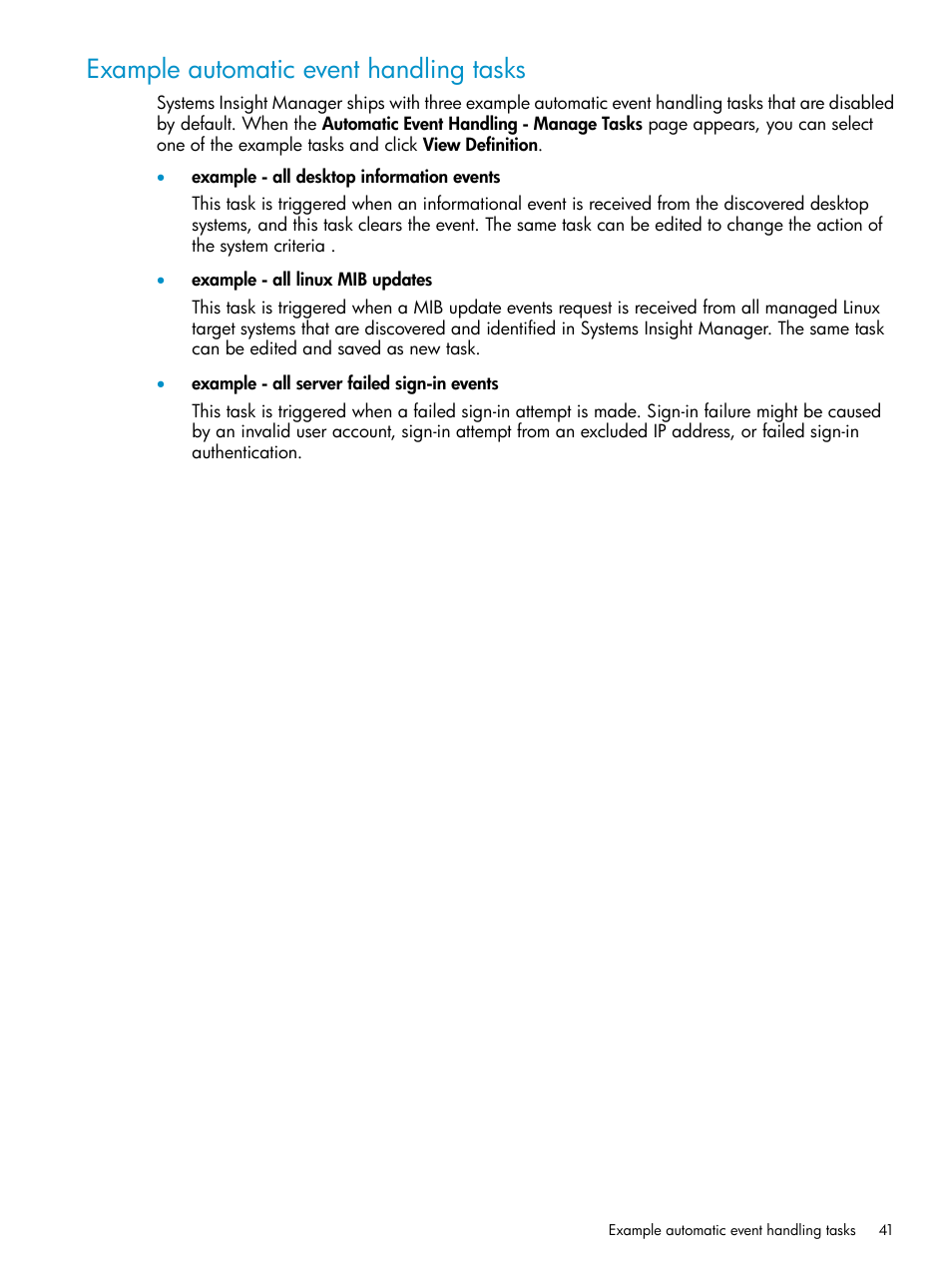 Example automatic event handling tasks | HP Systems Insight Manager User Manual | Page 41 / 223