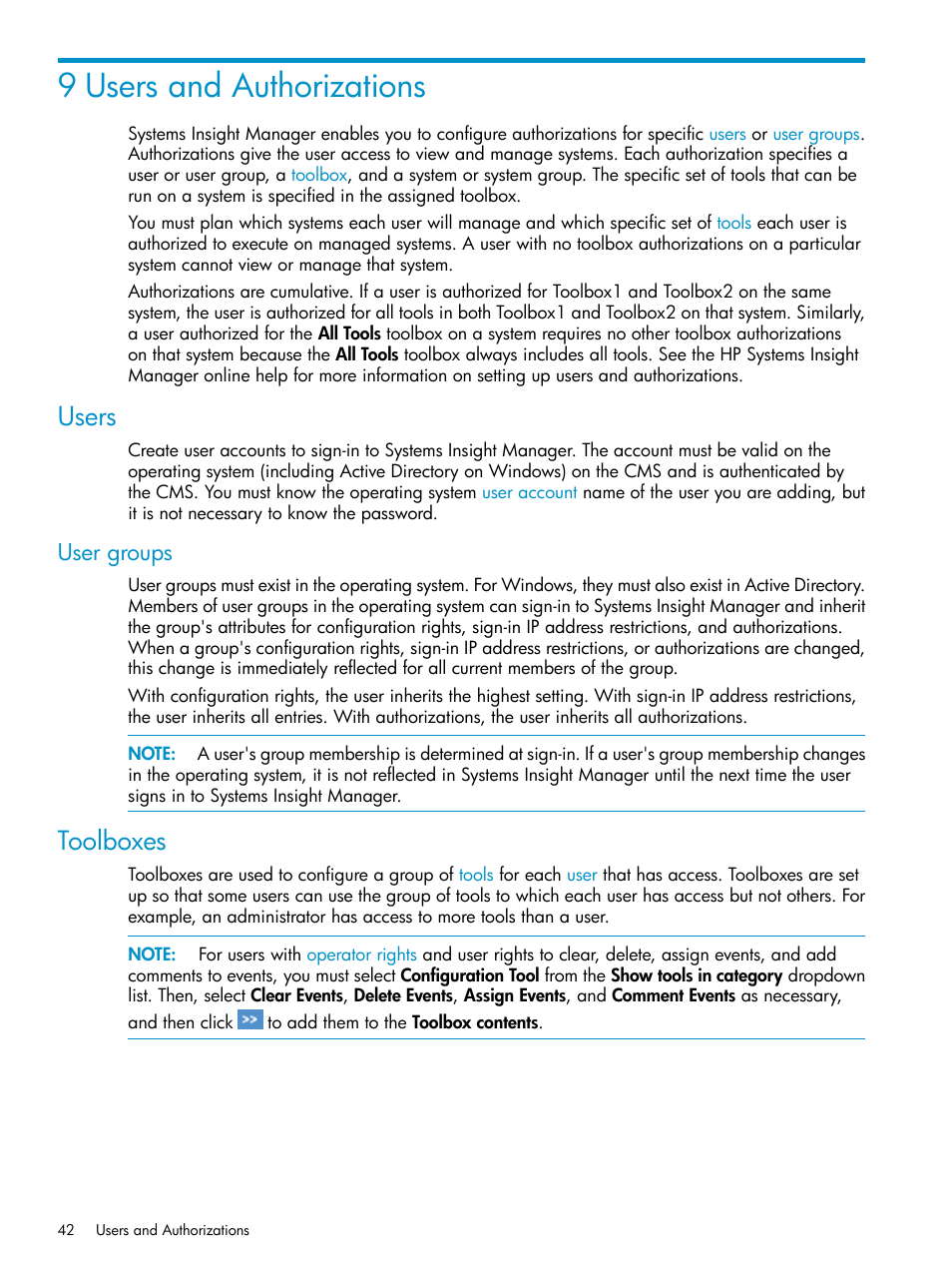 9 users and authorizations, Users, User groups | Toolboxes | HP Systems Insight Manager User Manual | Page 42 / 223