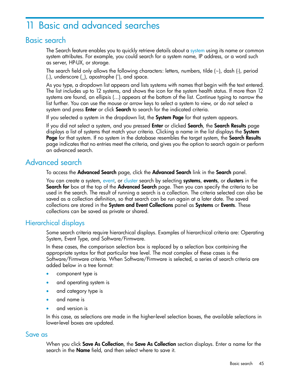 11 basic and advanced searches, Basic search, Advanced search | Hierarchical displays, Save as, Basic search advanced search, Hierarchical displays save as | HP Systems Insight Manager User Manual | Page 45 / 223