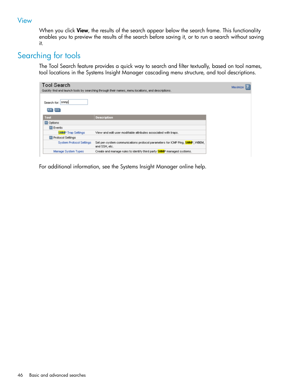 View, Searching for tools | HP Systems Insight Manager User Manual | Page 46 / 223