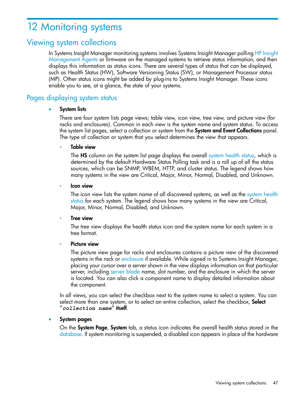 12 monitoring systems, Viewing system collections, Pages displaying system status | HP Systems Insight Manager User Manual | Page 47 / 223