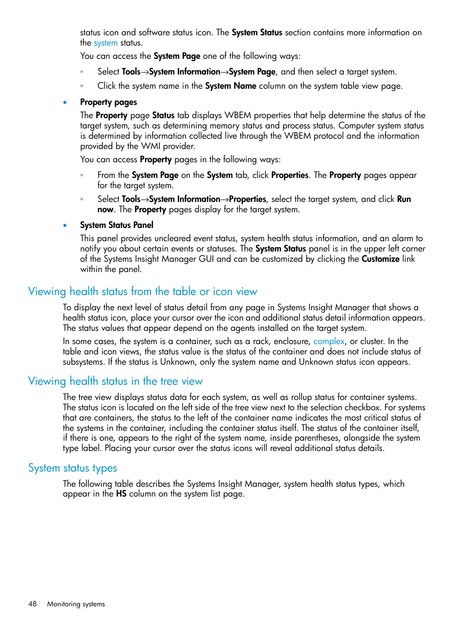 Viewing health status from the table or icon view, Viewing health status in the tree view, System status types | HP Systems Insight Manager User Manual | Page 48 / 223