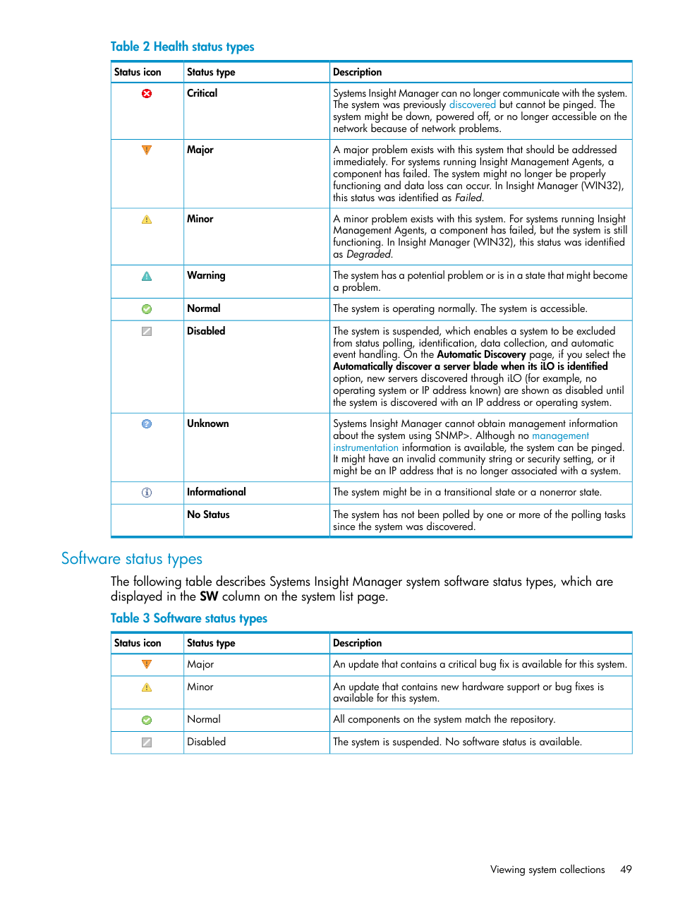 Software status types, Health status types | HP Systems Insight Manager User Manual | Page 49 / 223