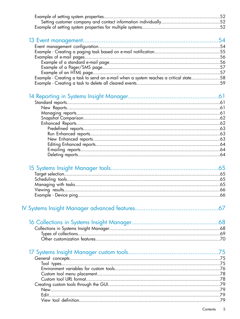 13 event management, 14 reporting in systems insight manager, 15 systems insight manager tools | 17 systems insight manager custom tools | HP Systems Insight Manager User Manual | Page 5 / 223