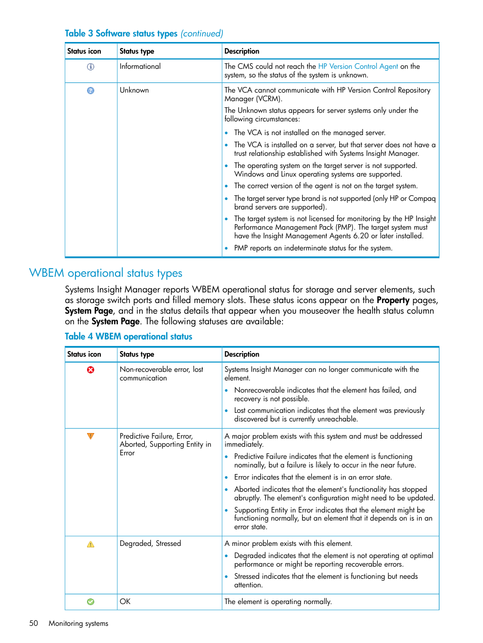 Wbem operational status types, Wbem operational status | HP Systems Insight Manager User Manual | Page 50 / 223