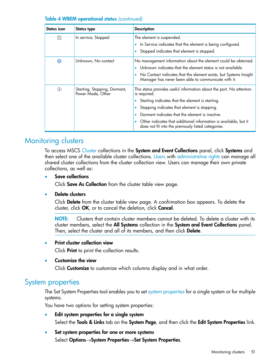 Monitoring clusters, System properties, Monitoring clusters system properties | HP Systems Insight Manager User Manual | Page 51 / 223