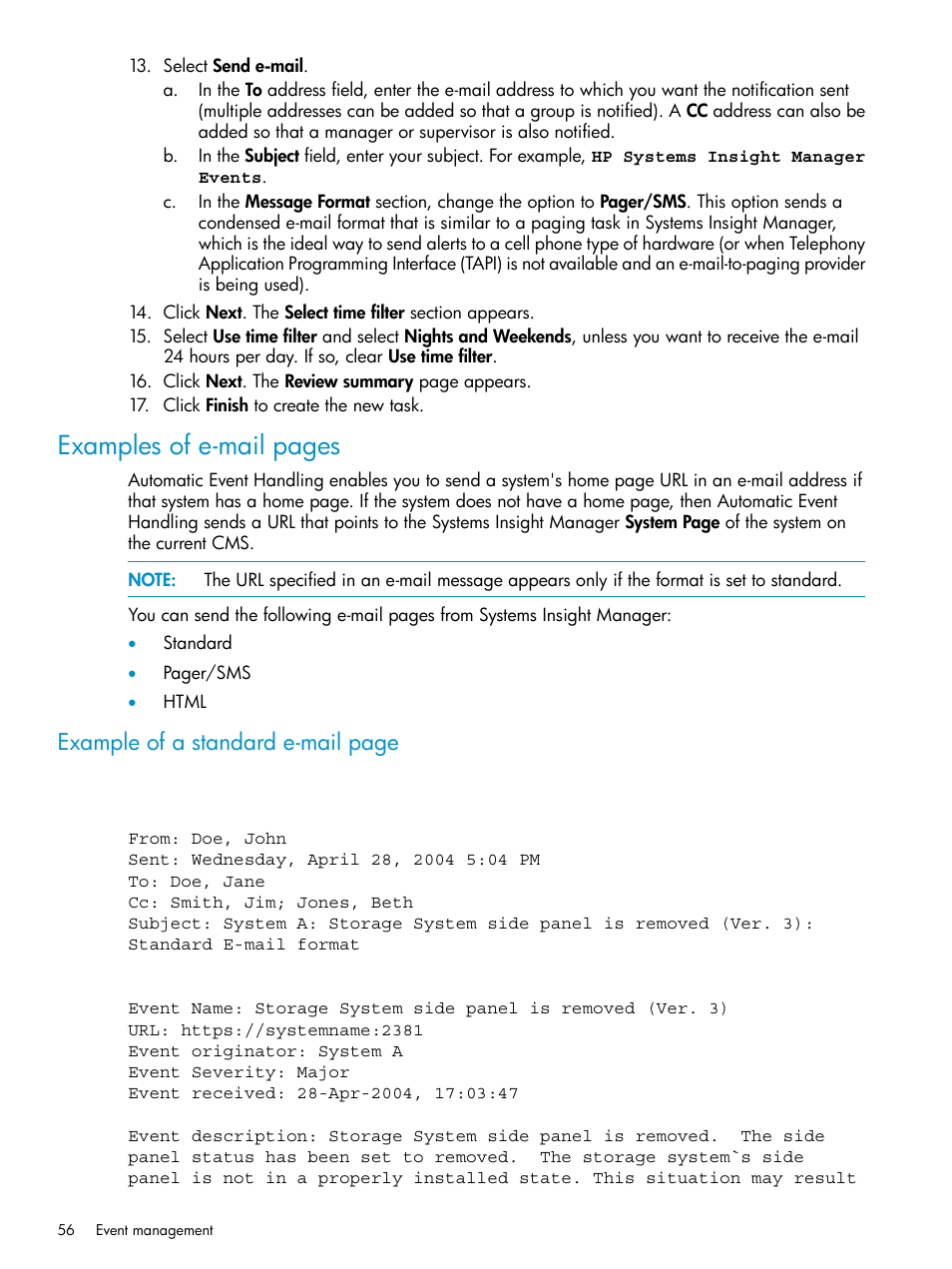 Examples of e-mail pages, Example of a standard e-mail page | HP Systems Insight Manager User Manual | Page 56 / 223