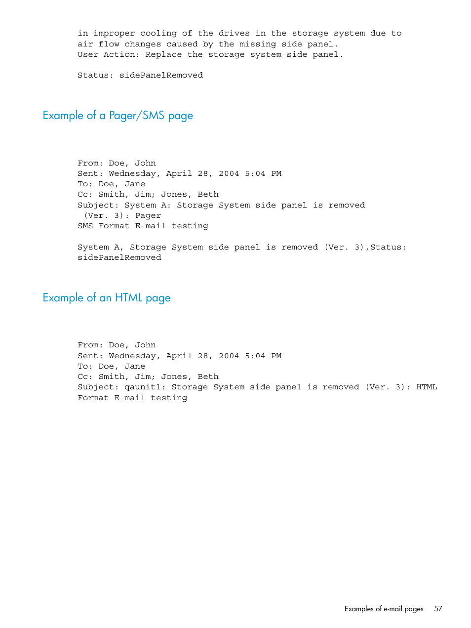 Example of a pager/sms page, Example of an html page | HP Systems Insight Manager User Manual | Page 57 / 223