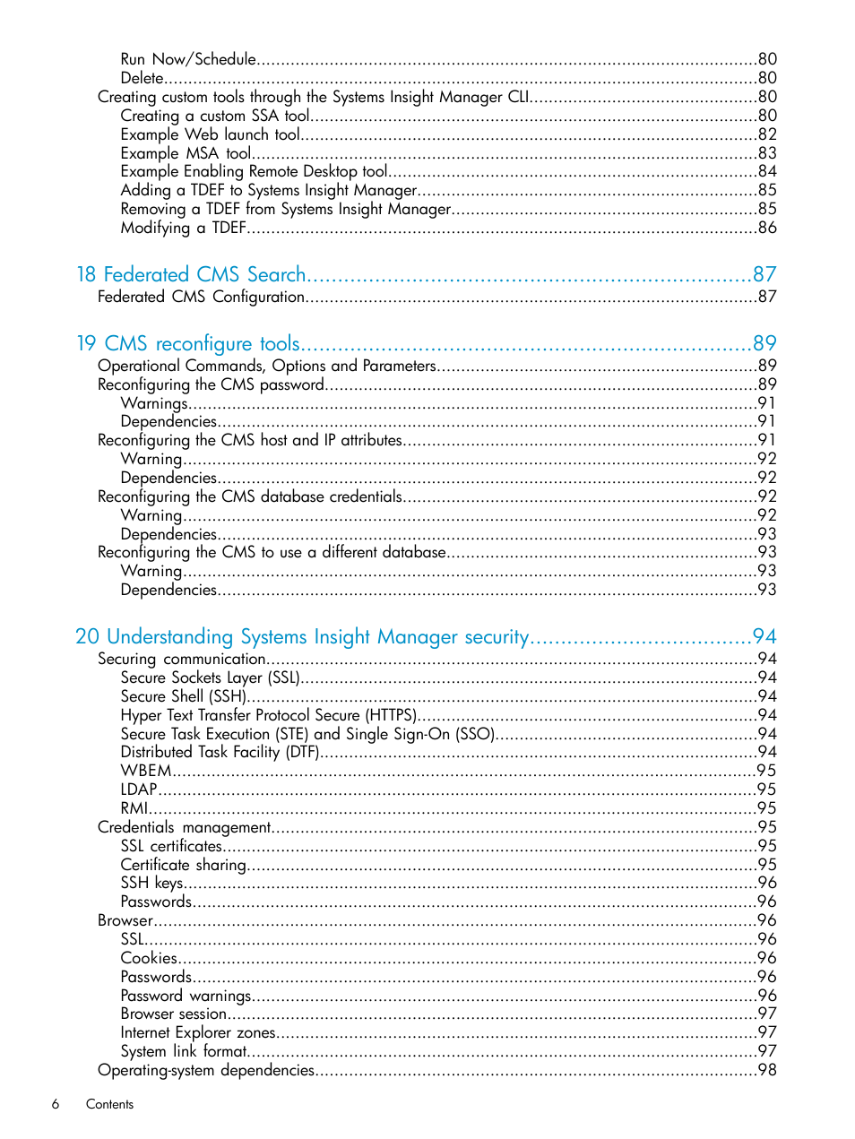 18 federated cms search, 19 cms reconfigure tools, 20 understanding systems insight manager security | HP Systems Insight Manager User Manual | Page 6 / 223