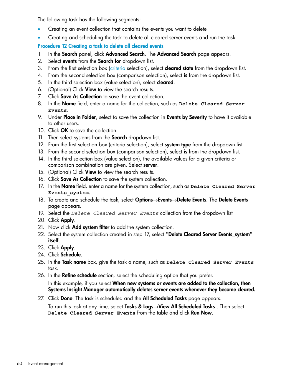 Creating a task to delete all cleared events | HP Systems Insight Manager User Manual | Page 60 / 223