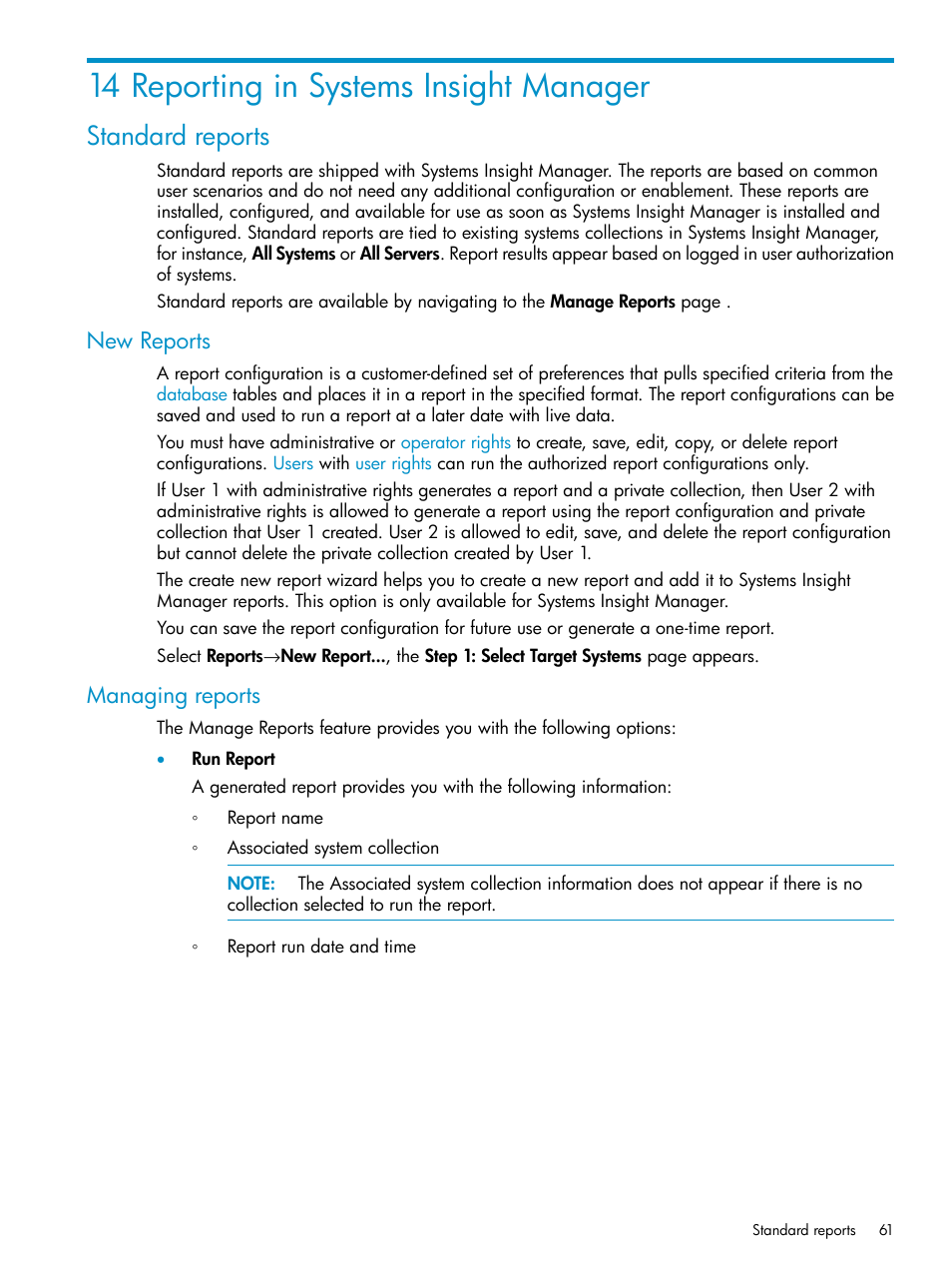 14 reporting in systems insight manager, Standard reports, New reports | Managing reports, New reports managing reports | HP Systems Insight Manager User Manual | Page 61 / 223