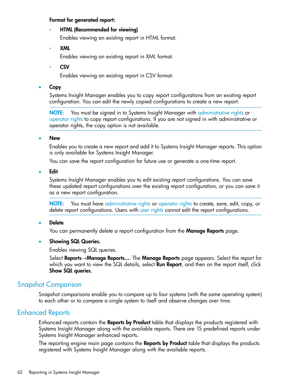 Snapshot comparison, Enhanced reports, Snapshot comparison enhanced reports | HP Systems Insight Manager User Manual | Page 62 / 223