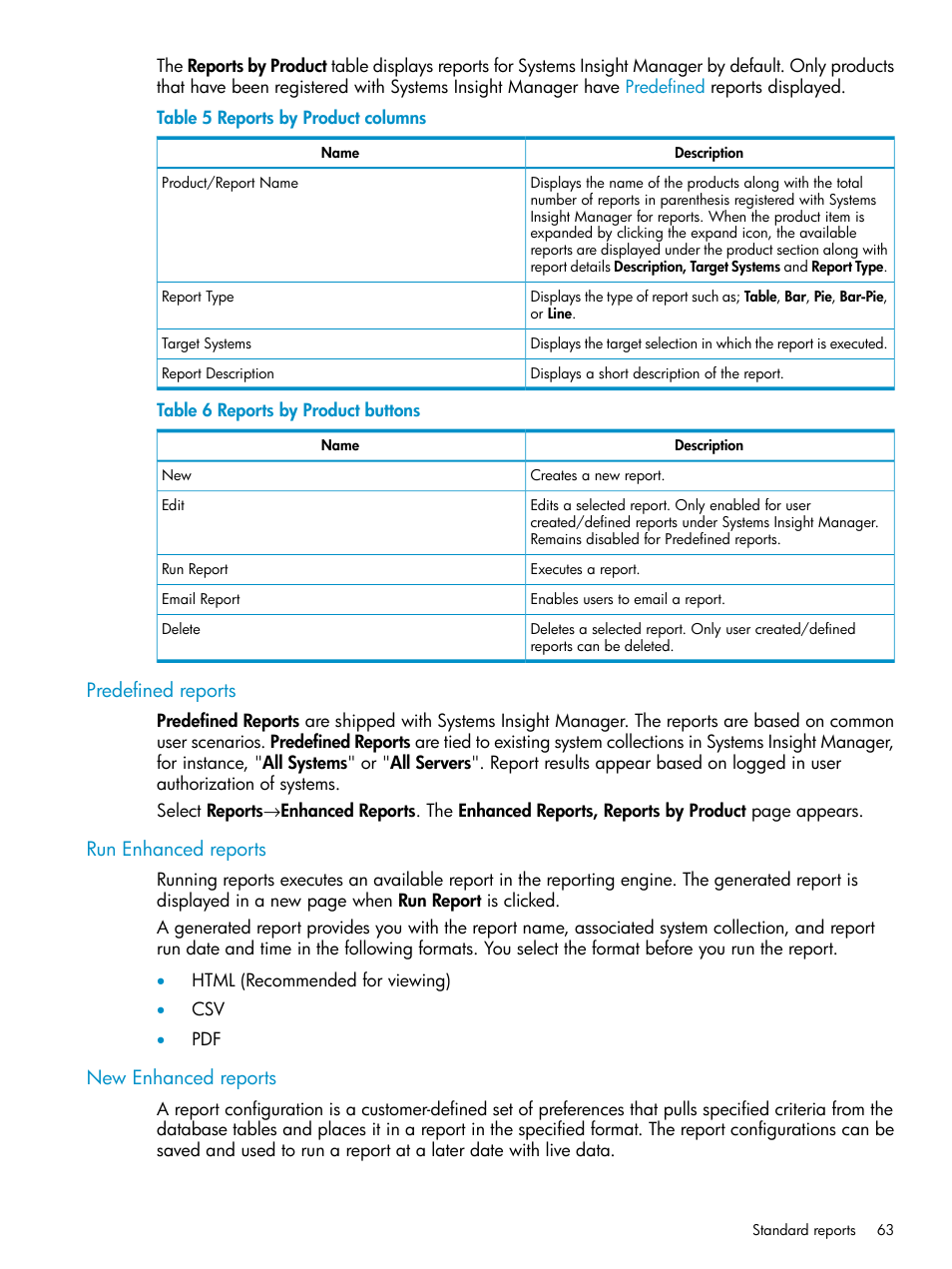 Predefined reports, Run enhanced reports, New enhanced reports | Reports by product columns, Reports by product buttons | HP Systems Insight Manager User Manual | Page 63 / 223