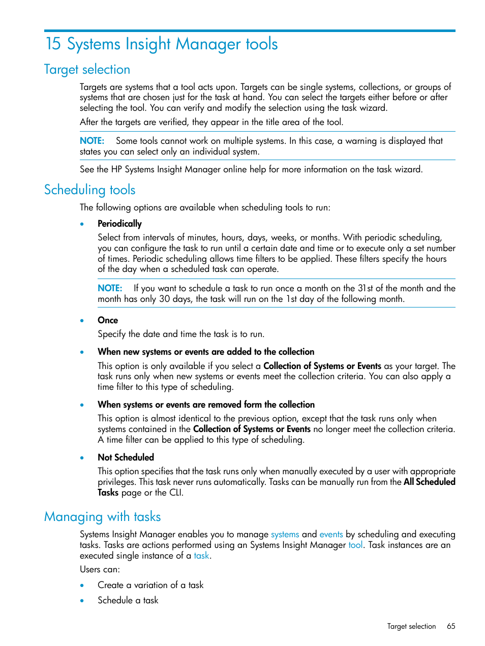 15 systems insight manager tools, Target selection, Scheduling tools | Managing with tasks | HP Systems Insight Manager User Manual | Page 65 / 223