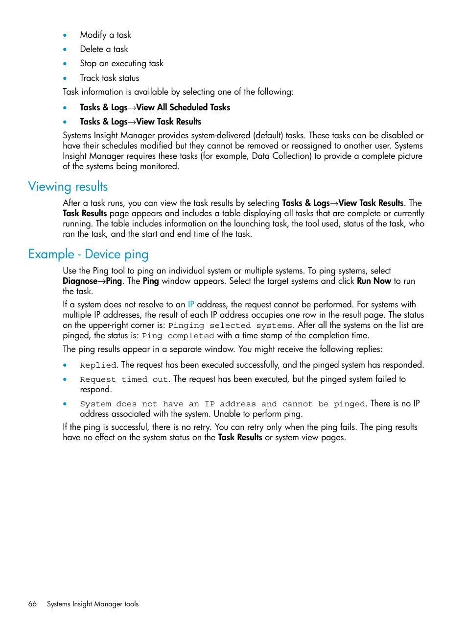 Viewing results, Example - device ping, Viewing results example - device ping | HP Systems Insight Manager User Manual | Page 66 / 223