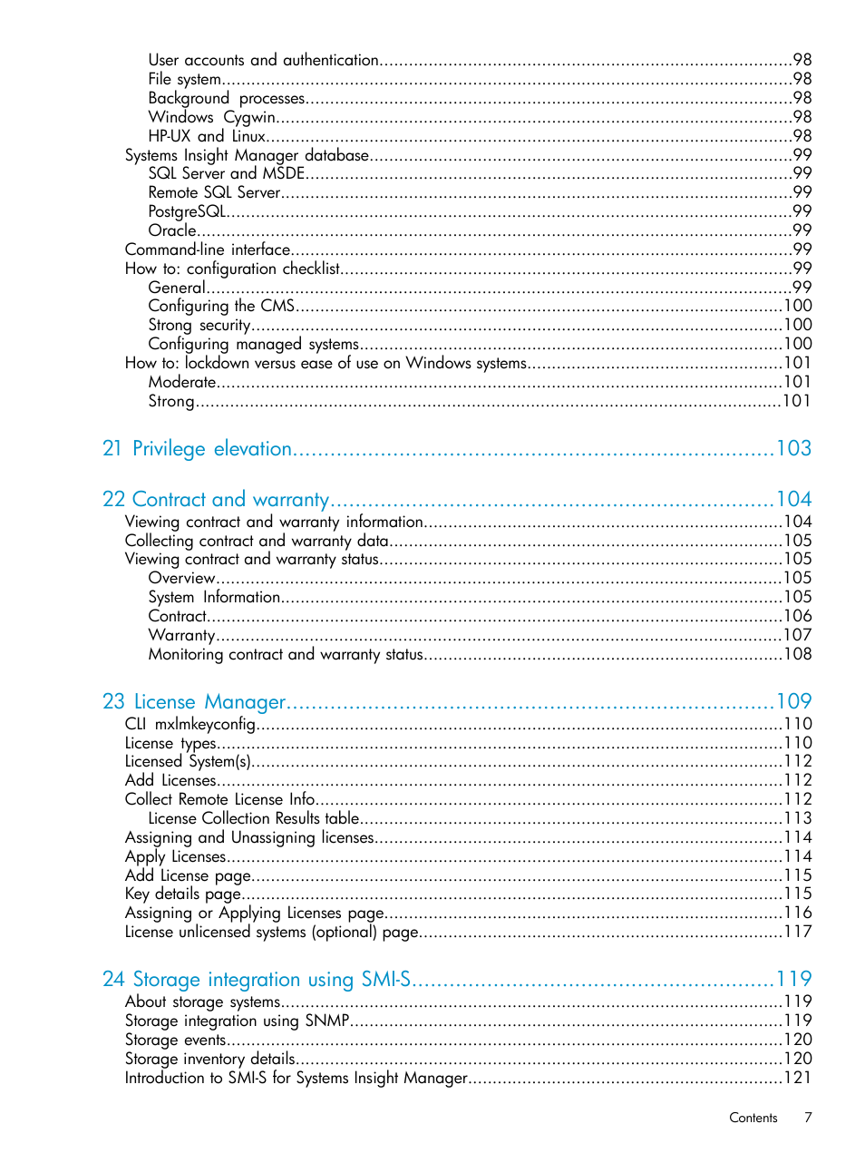 21 privilege elevation 22 contract and warranty, 23 license manager, 24 storage integration using smi-s | HP Systems Insight Manager User Manual | Page 7 / 223