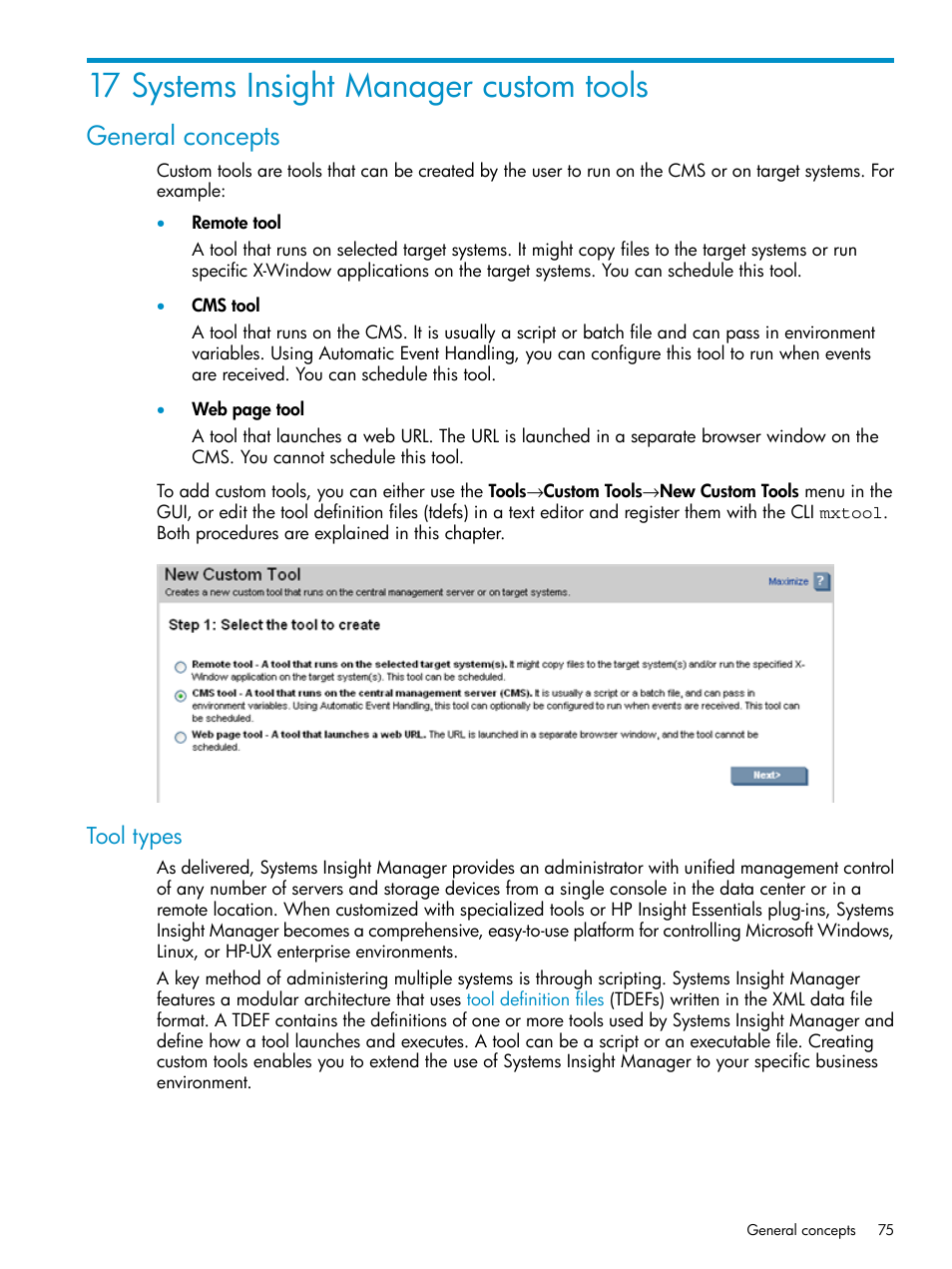17 systems insight manager custom tools, General concepts, Tool types | HP Systems Insight Manager User Manual | Page 75 / 223