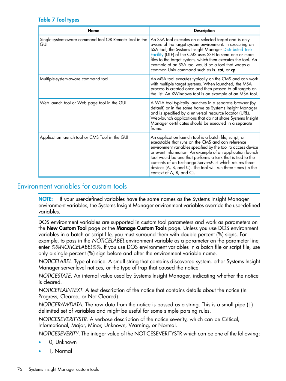 Environment variables for custom tools, Tool types | HP Systems Insight Manager User Manual | Page 76 / 223