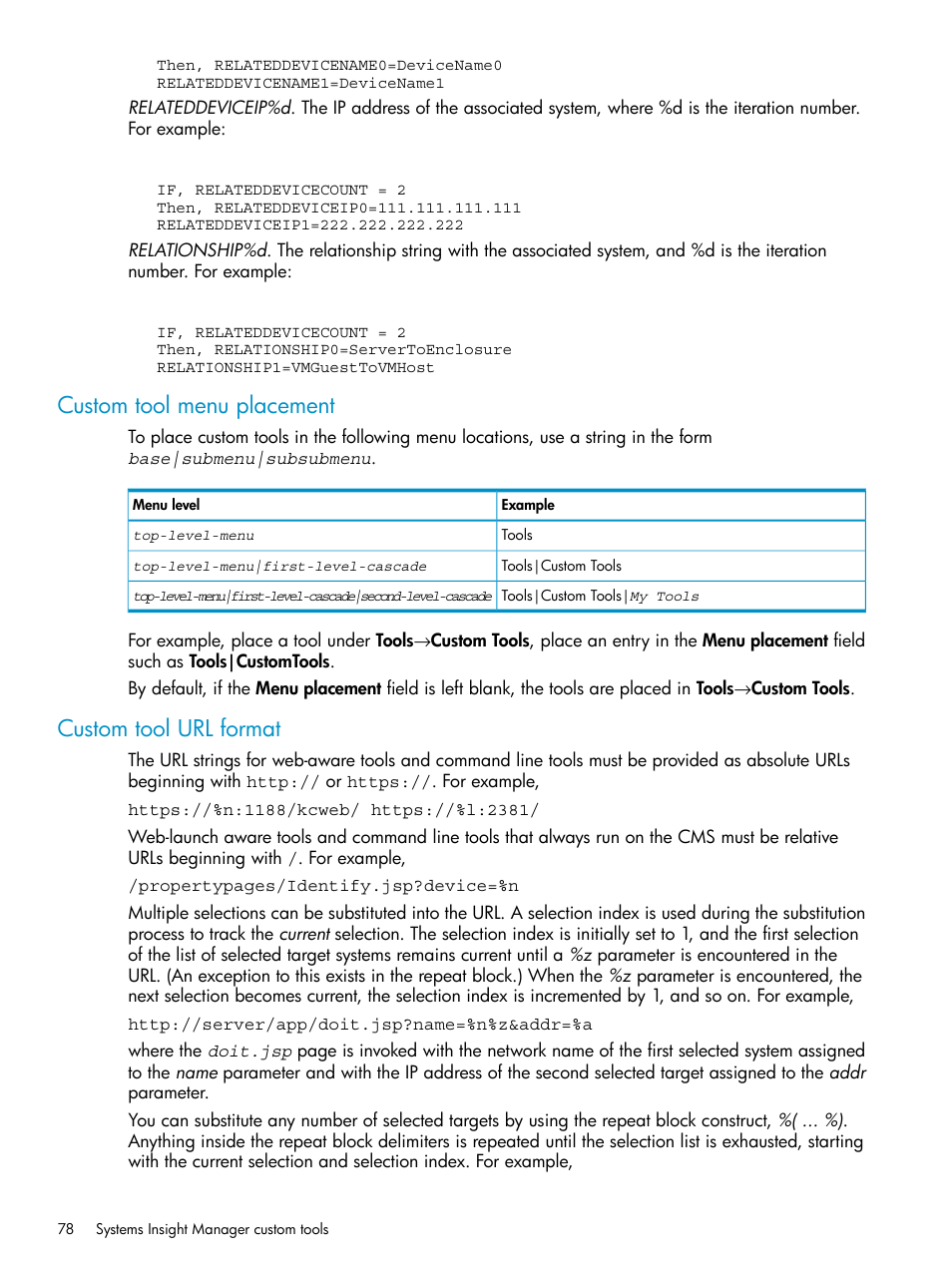 Custom tool menu placement, Custom tool url format, Custom tool menu placement custom tool url format | HP Systems Insight Manager User Manual | Page 78 / 223