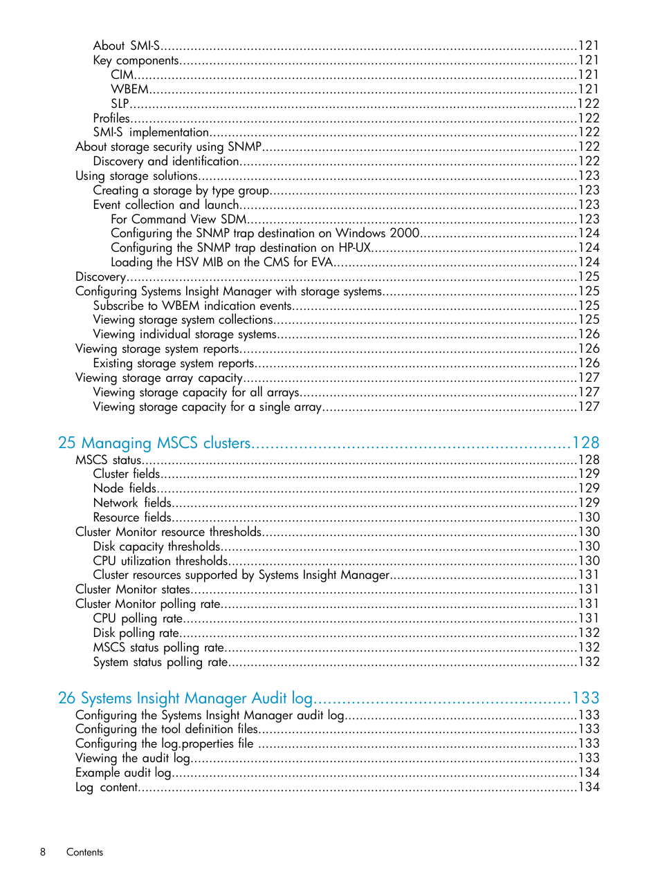 25 managing mscs clusters, 26 systems insight manager audit log | HP Systems Insight Manager User Manual | Page 8 / 223