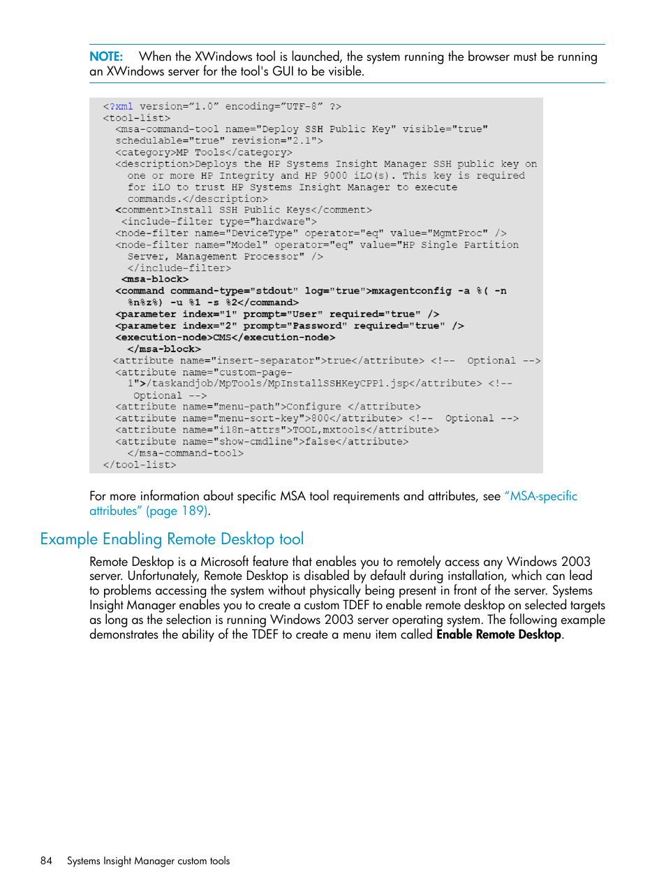 Example enabling remote desktop tool | HP Systems Insight Manager User Manual | Page 84 / 223