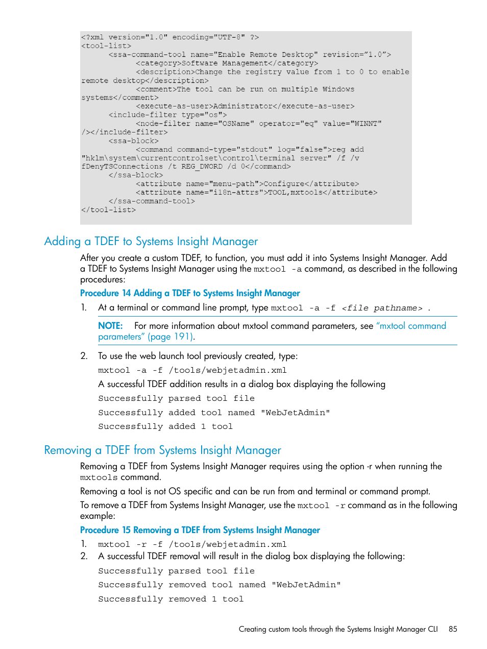 Adding a tdef to systems insight manager, Removing a tdef from systems insight manager | HP Systems Insight Manager User Manual | Page 85 / 223