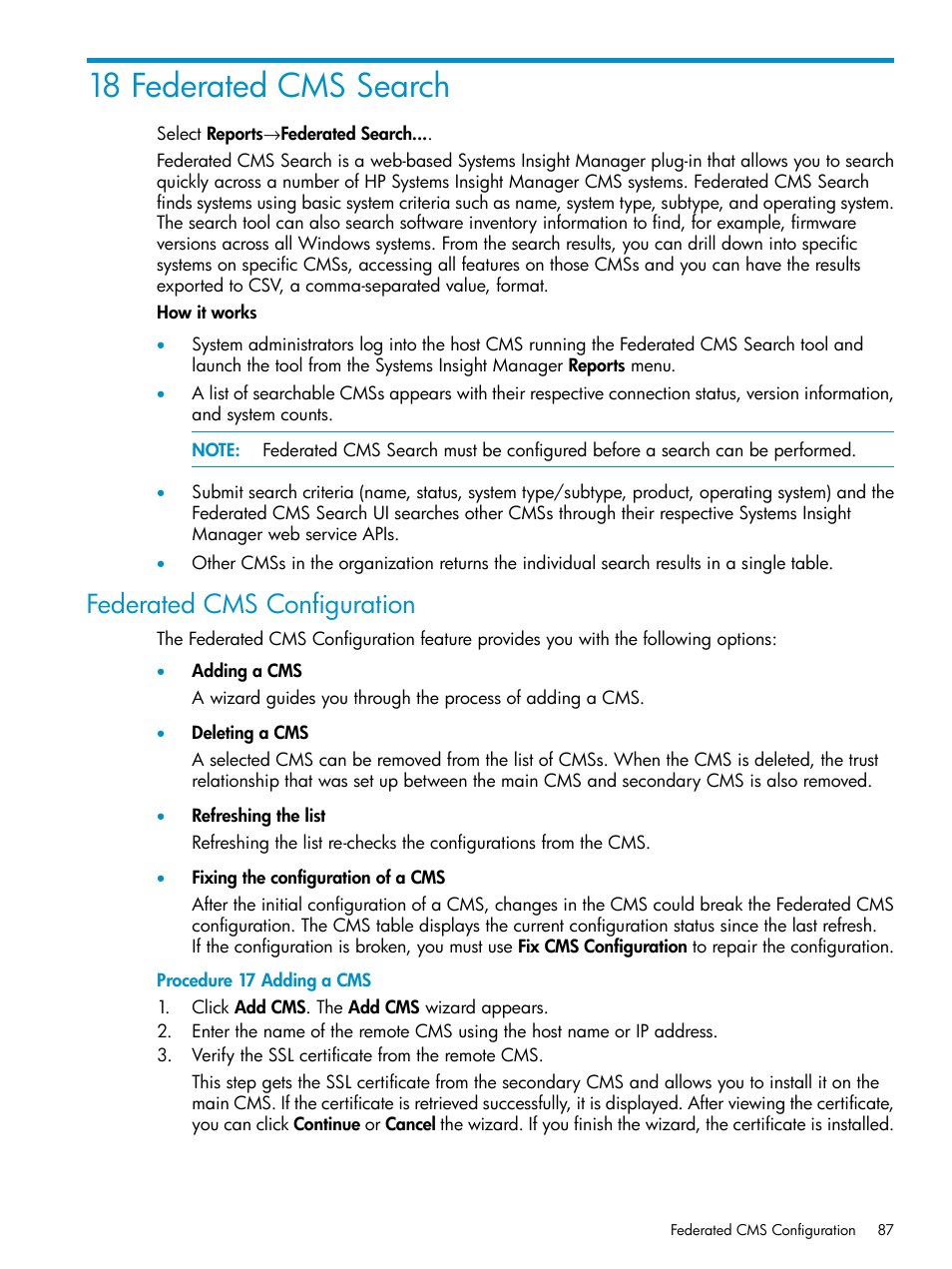 18 federated cms search, Federated cms configuration, Adding a cms | HP Systems Insight Manager User Manual | Page 87 / 223