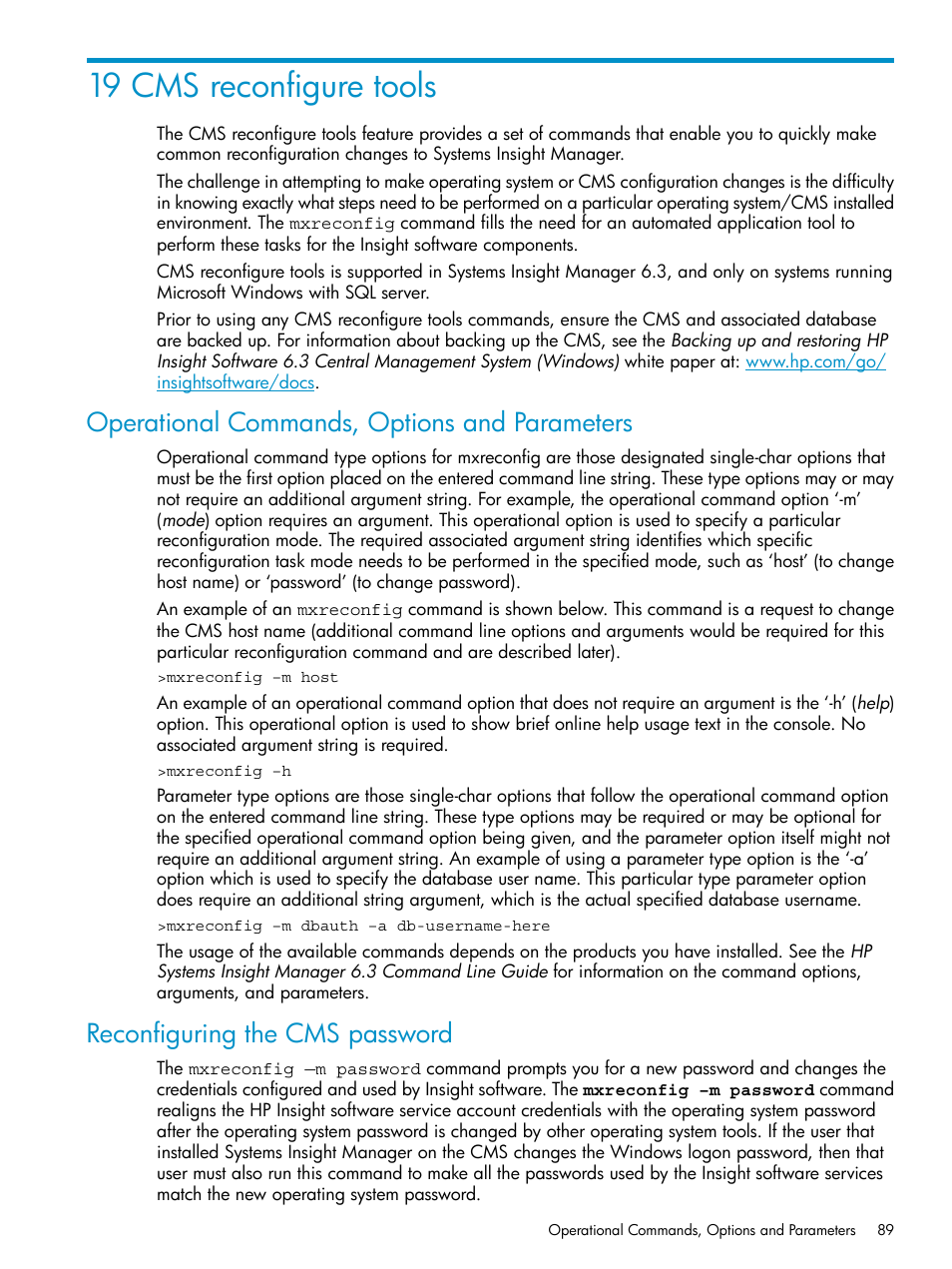 19 cms reconfigure tools, Operational commands, options and parameters, Reconfiguring the cms password | HP Systems Insight Manager User Manual | Page 89 / 223