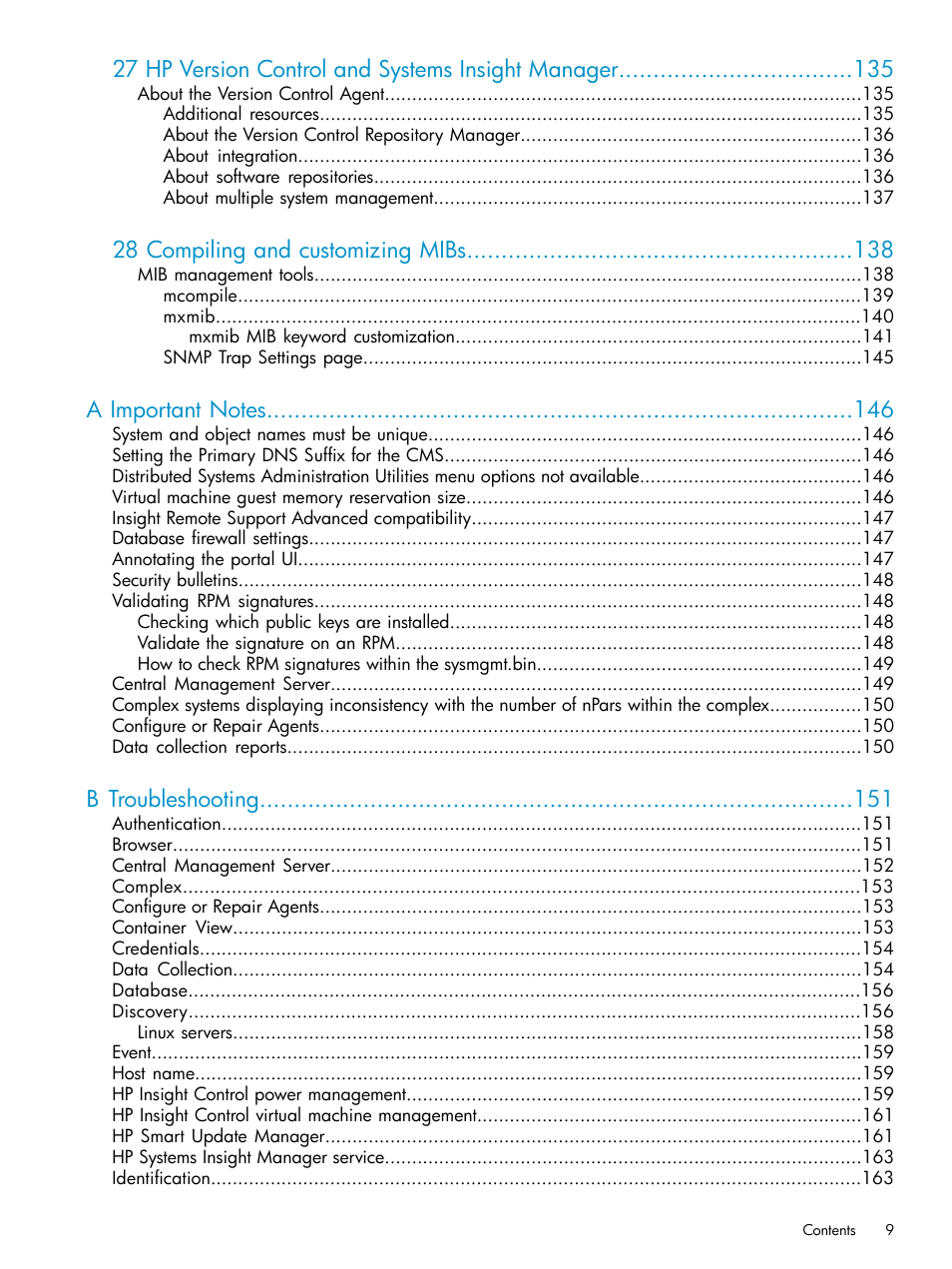 27 hp version control and systems insight manager, 28 compiling and customizing mibs, B troubleshooting | HP Systems Insight Manager User Manual | Page 9 / 223