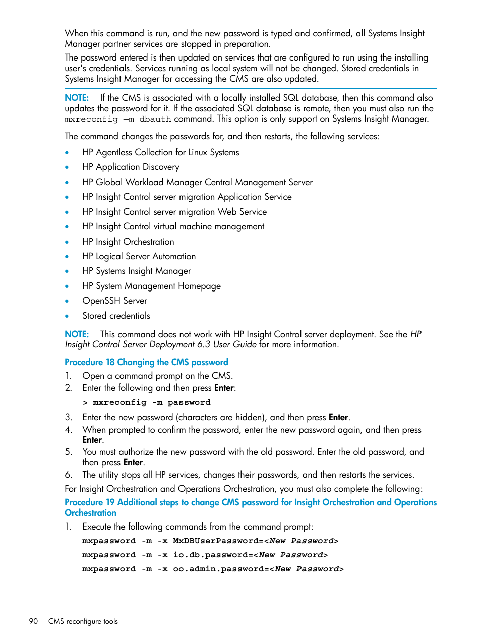 Changing the cms password | HP Systems Insight Manager User Manual | Page 90 / 223