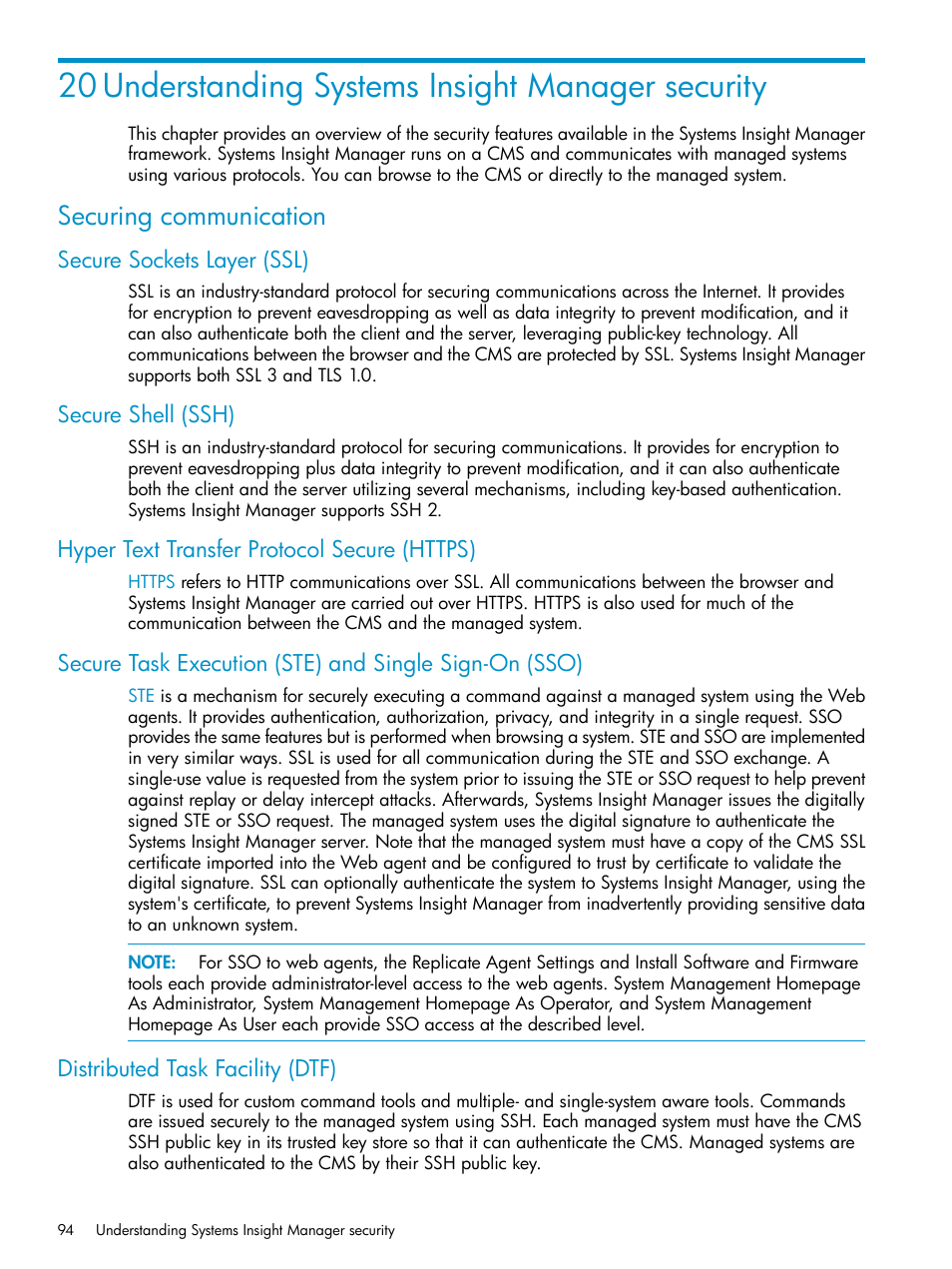 20 understanding systems insight manager security, Securing communication, Secure sockets layer (ssl) | Secure shell (ssh), Hyper text transfer protocol secure (https), Distributed task facility (dtf) | HP Systems Insight Manager User Manual | Page 94 / 223