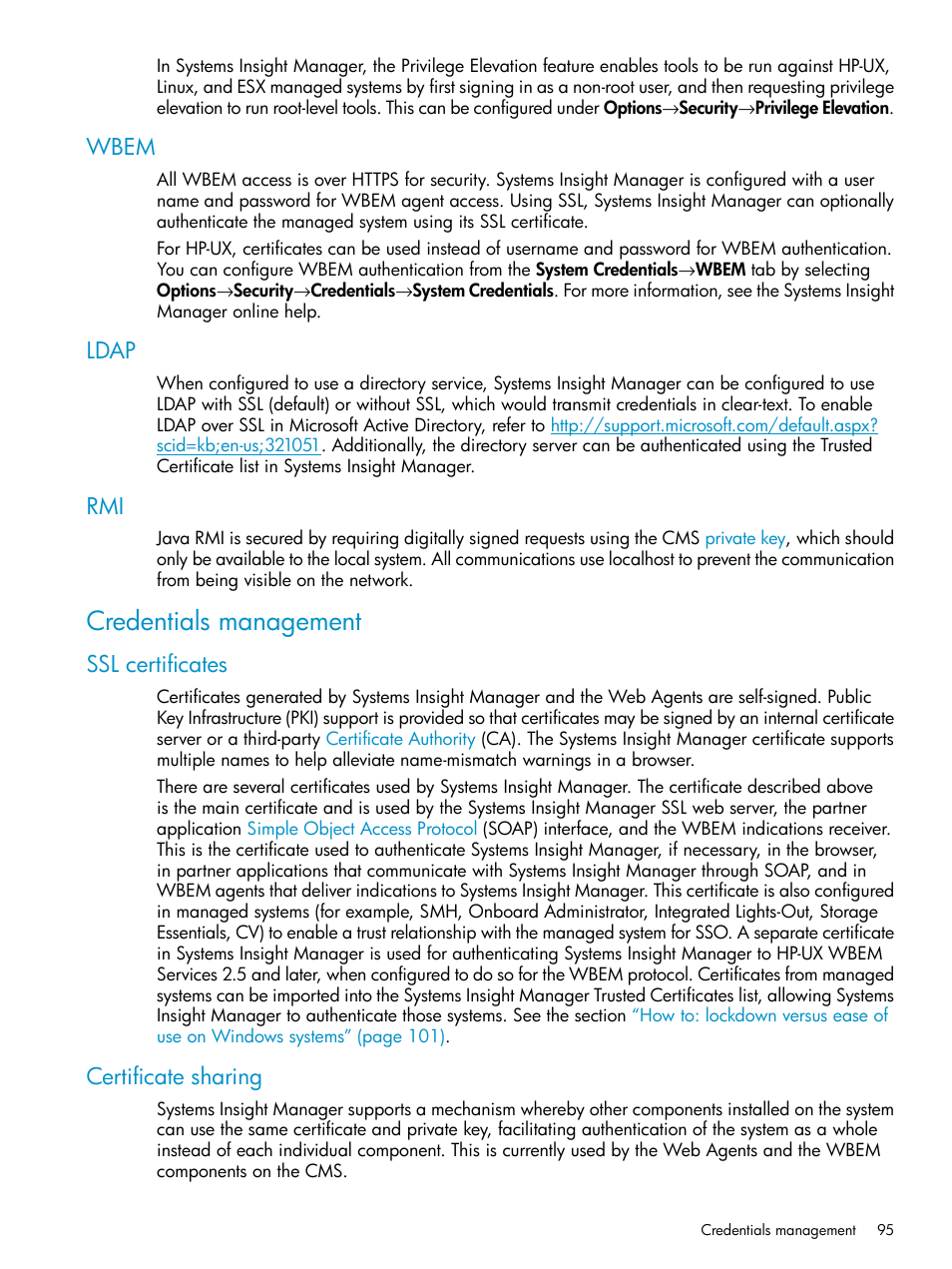 Wbem, Ldap, Credentials management | Ssl certificates, Certificate sharing, Wbem ldap rmi, Ssl certificates certificate sharing | HP Systems Insight Manager User Manual | Page 95 / 223