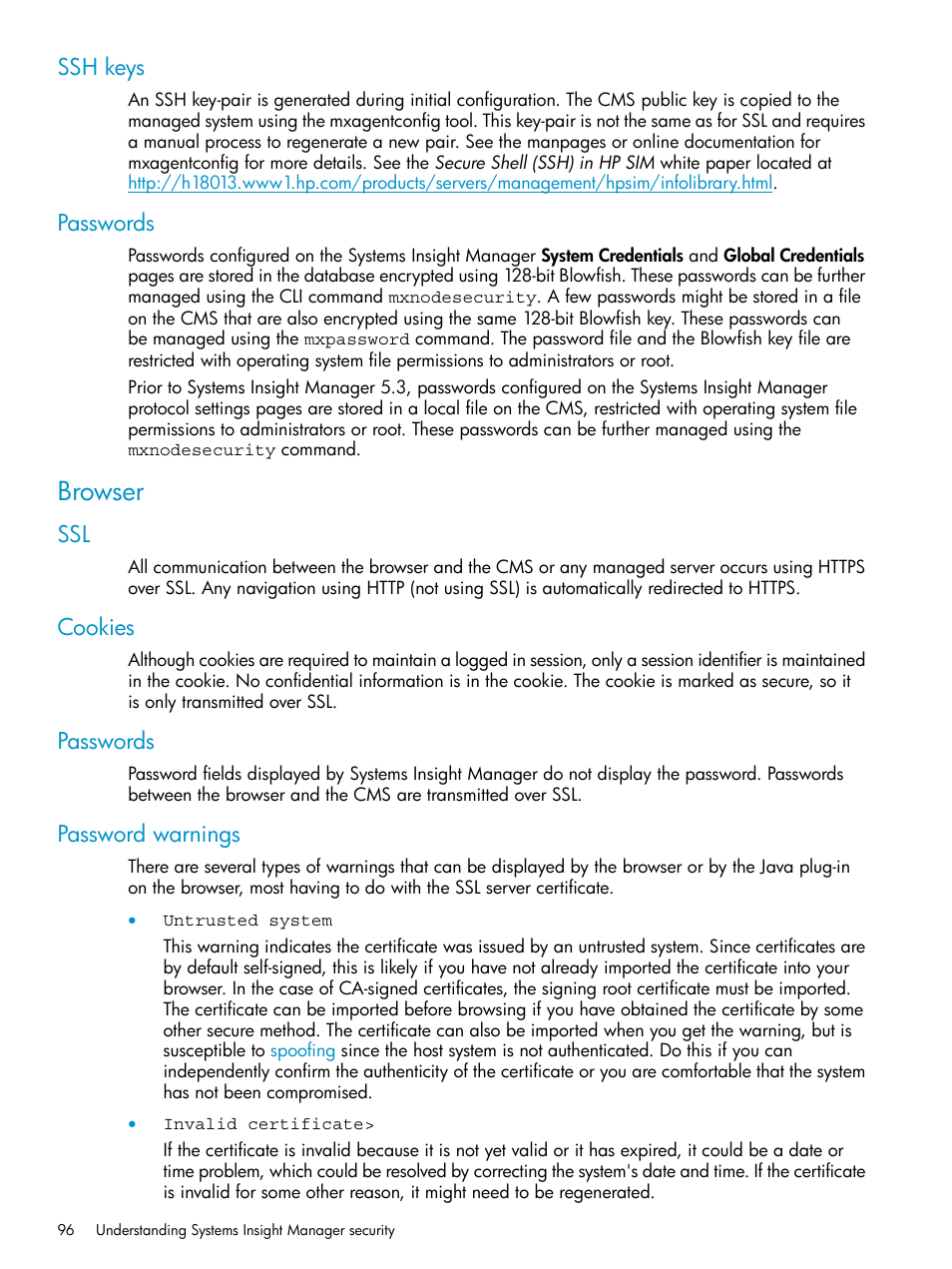 Ssh keys, Passwords, Browser | Cookies, Password warnings, Ssh keys passwords, Ssl cookies passwords password warnings | HP Systems Insight Manager User Manual | Page 96 / 223