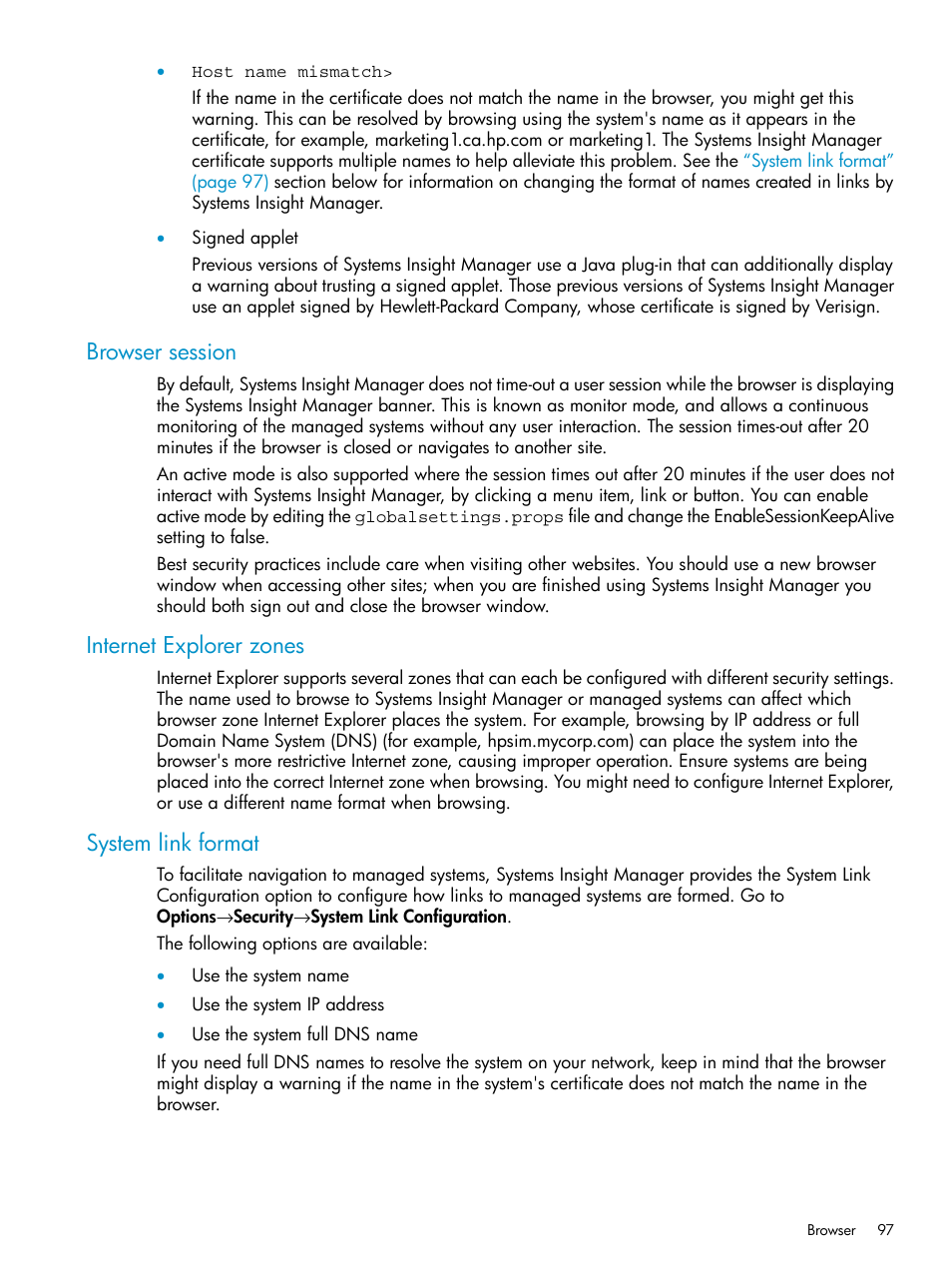 Browser session, Internet explorer zones, System link format | HP Systems Insight Manager User Manual | Page 97 / 223