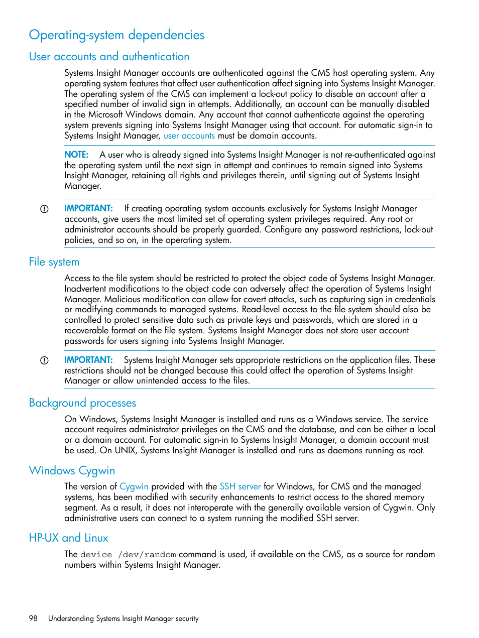 Operating-system dependencies, User accounts and authentication, File system | Background processes, Windows cygwin, Hp-ux and linux | HP Systems Insight Manager User Manual | Page 98 / 223