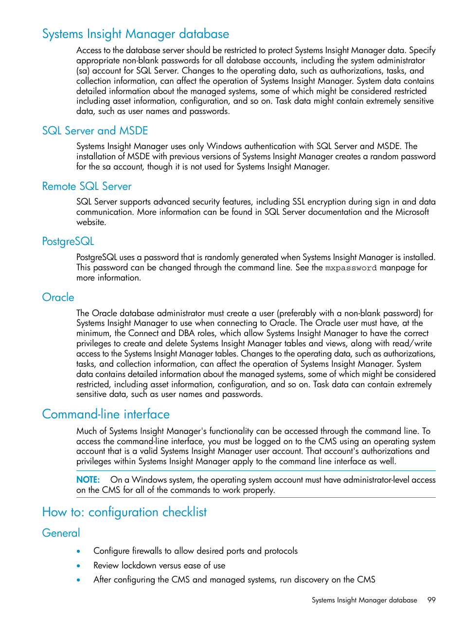 Systems insight manager database, Sql server and msde, Remote sql server | Postgresql, Oracle, Command-line interface, How to: configuration checklist, General | HP Systems Insight Manager User Manual | Page 99 / 223